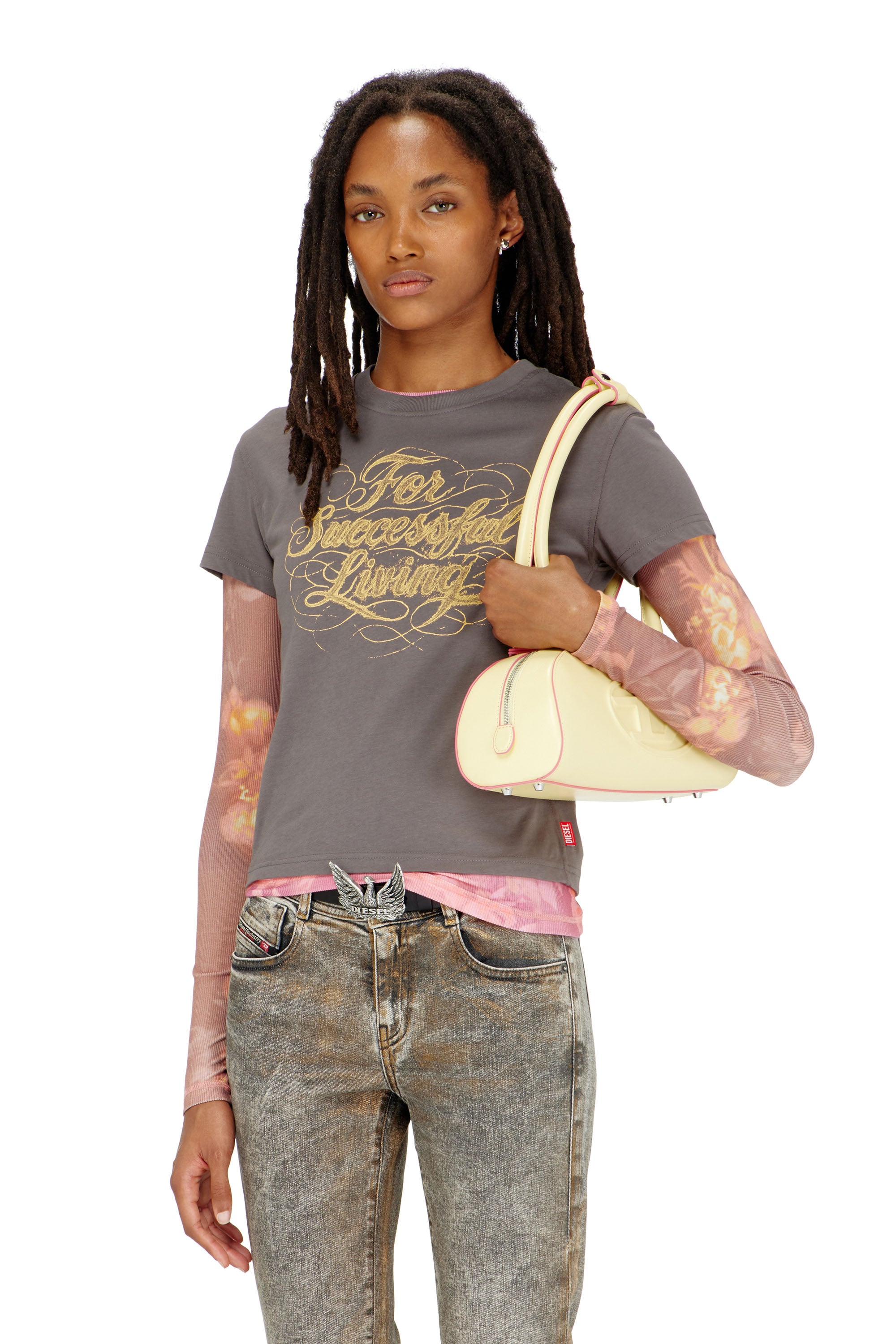 Diesel Vrouw Grijs - T-Shirt With Logo Print - T-Shirts - Woman Extra Groot