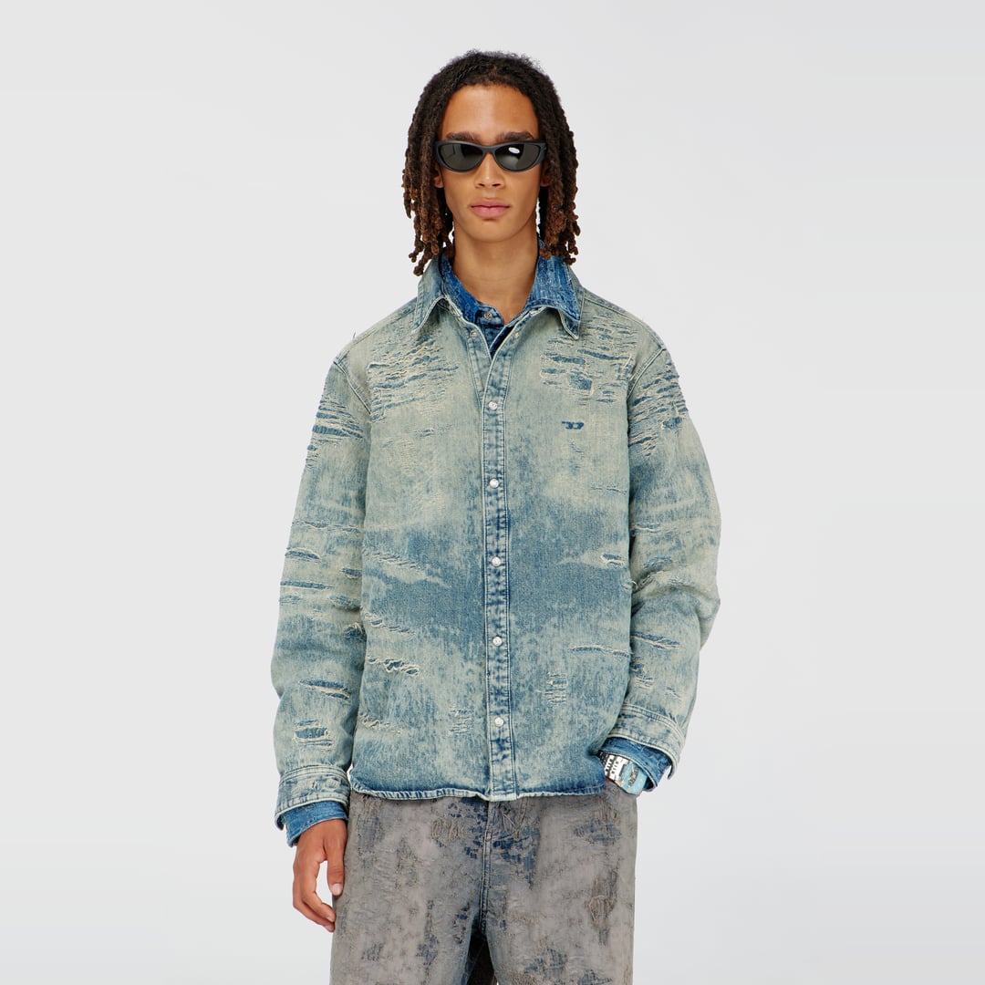 Diesel - Shirt in distressed-effect jacquard denim - Denim Shirts - Man - Blue