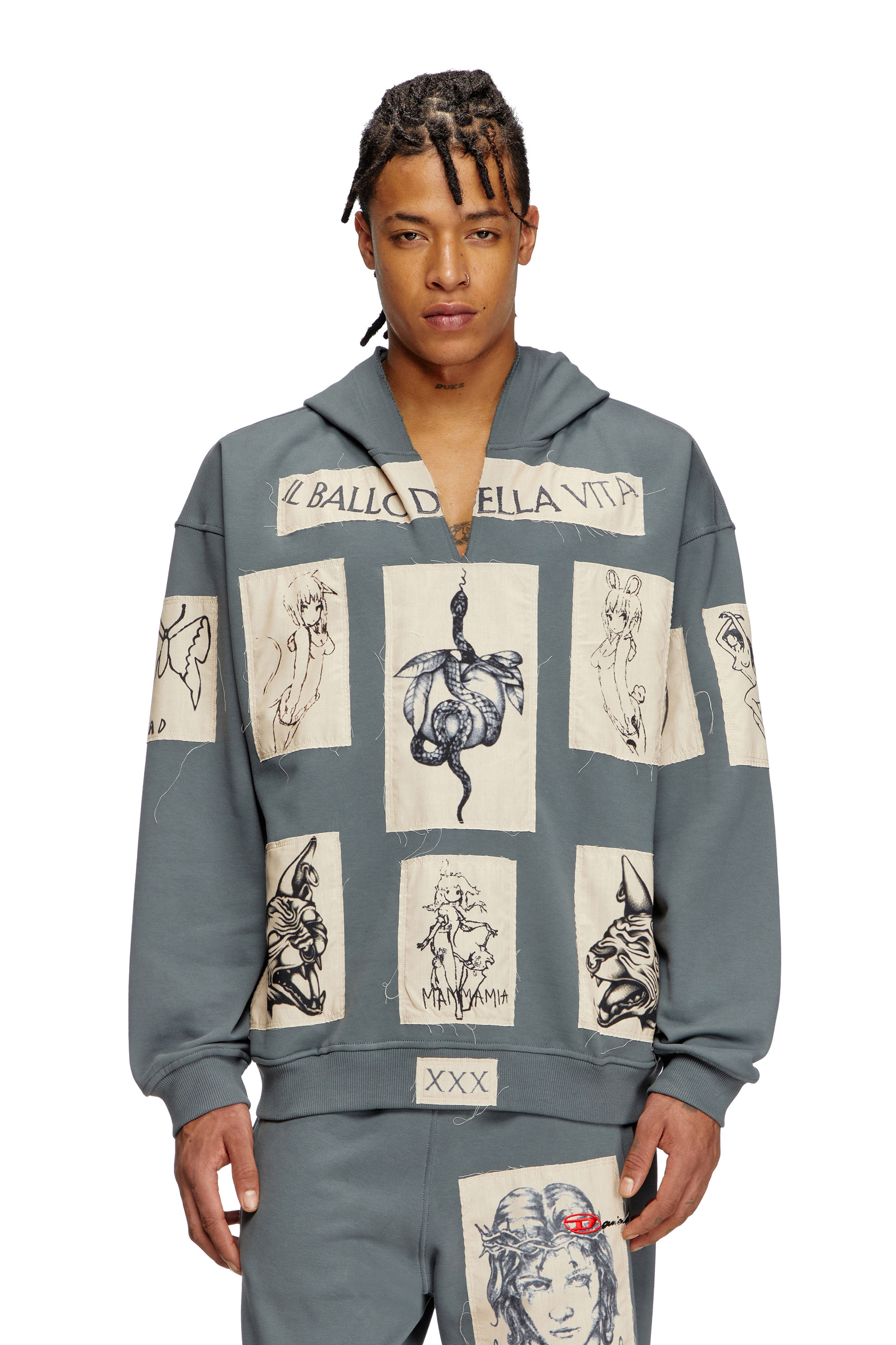 Shop Diesel Hoodie With Tattoo Patches In Grey