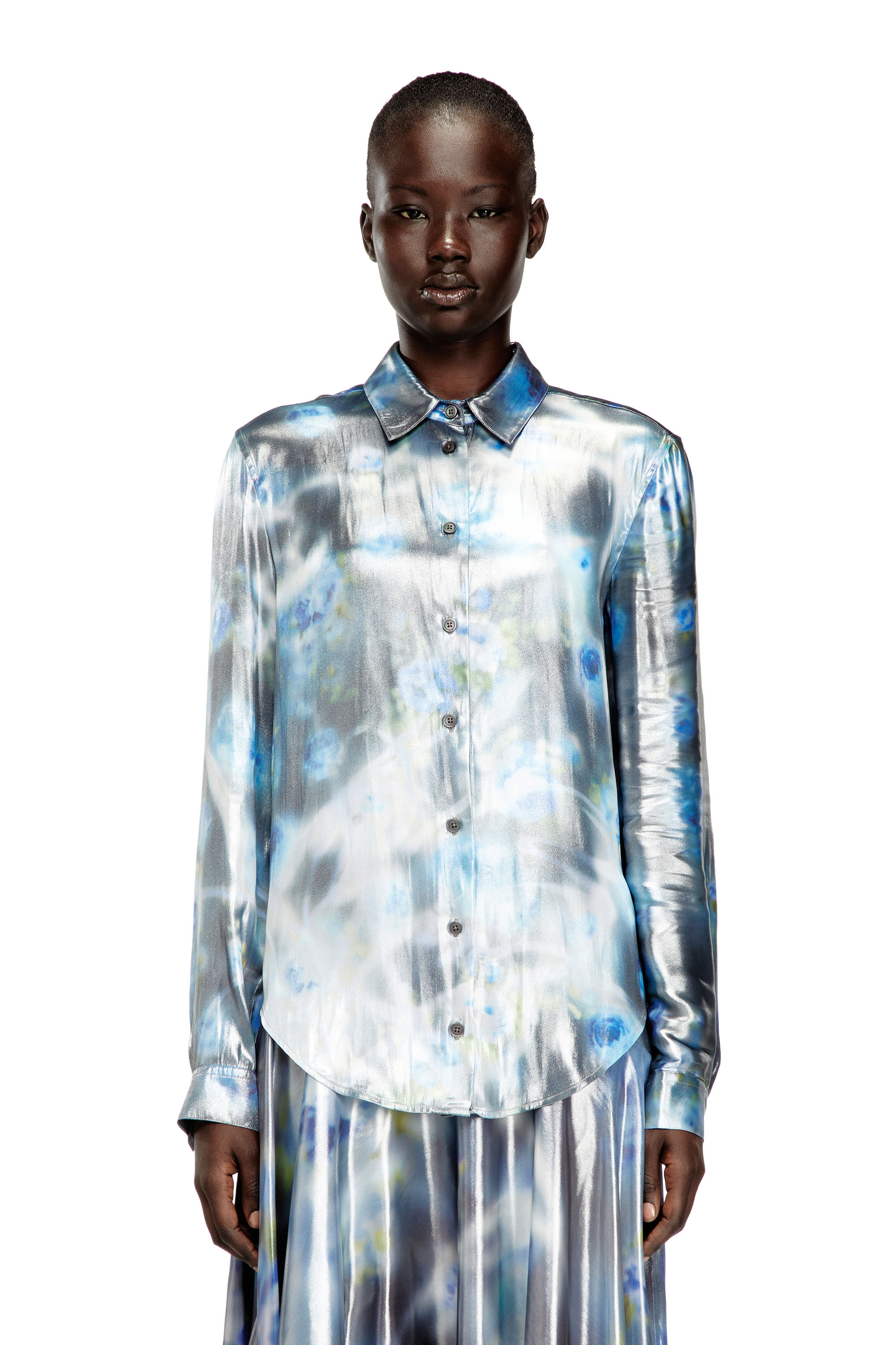 Diesel Women's Blue - Metallic Shirt With Blurred Roses Print - Shirts - Woman Size 38
