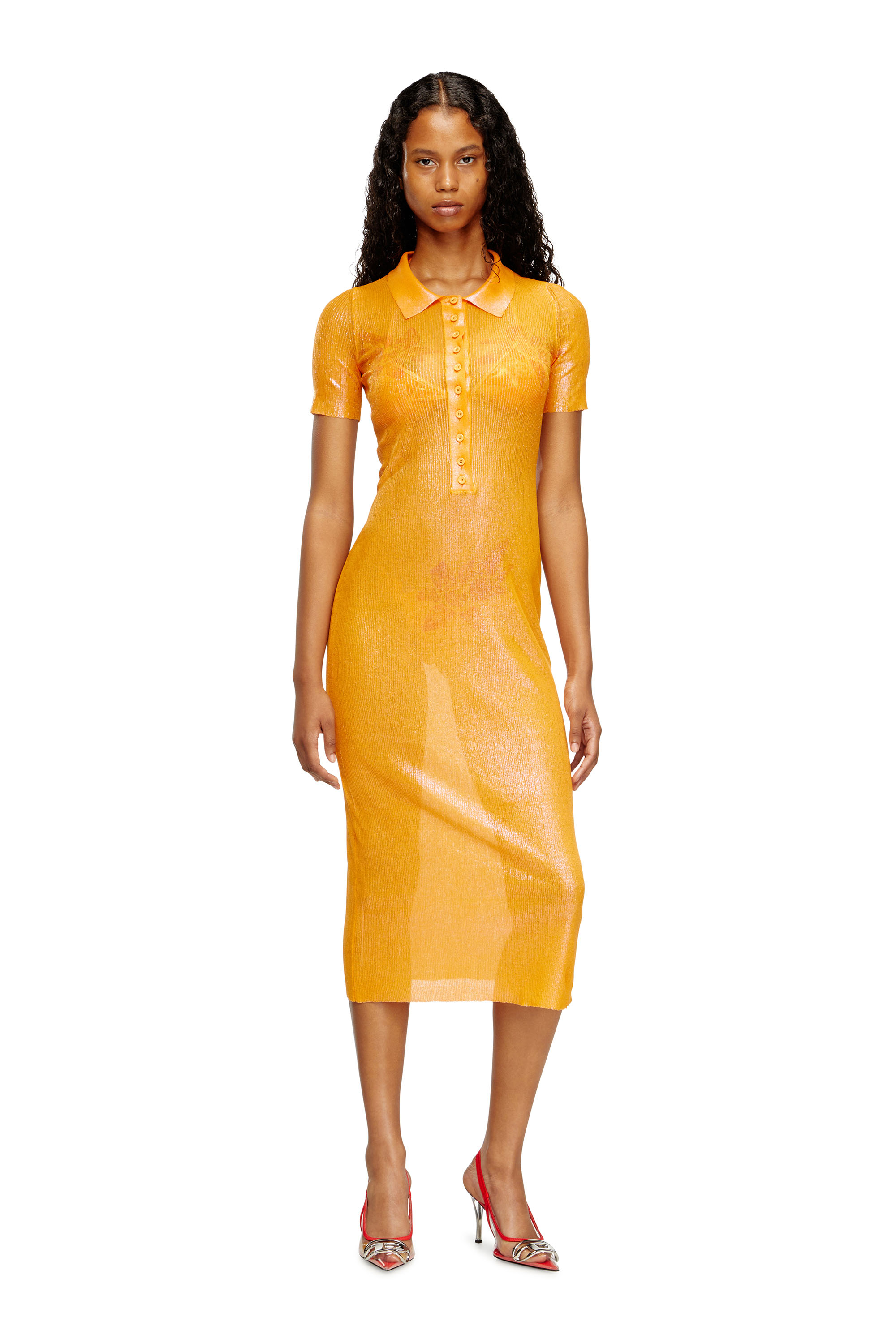 Diesel Iridescent Knit Polo Dress With Lotus Print In Orange