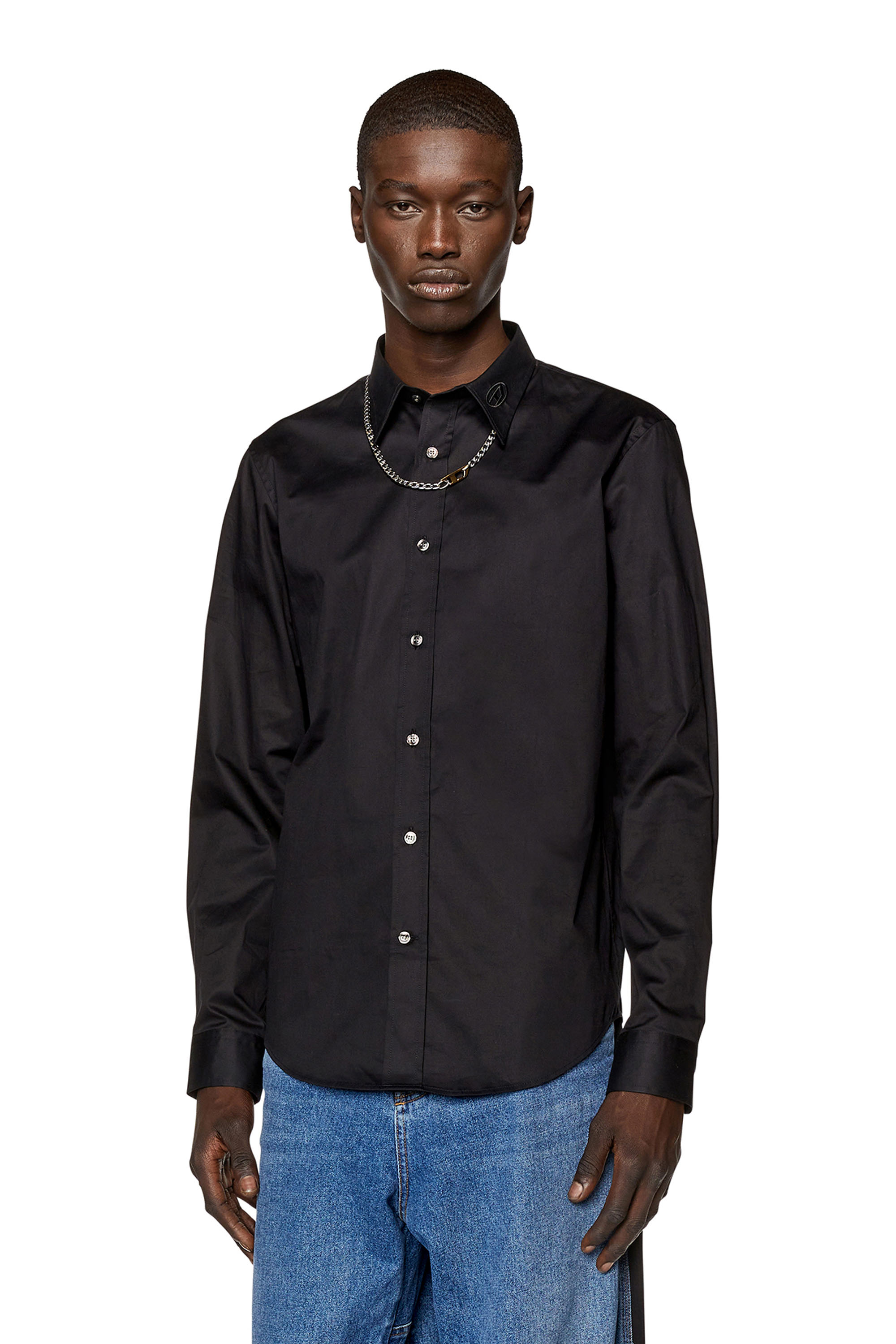 Diesel Micro-twill Shirt With Tonal Embroidery In Black