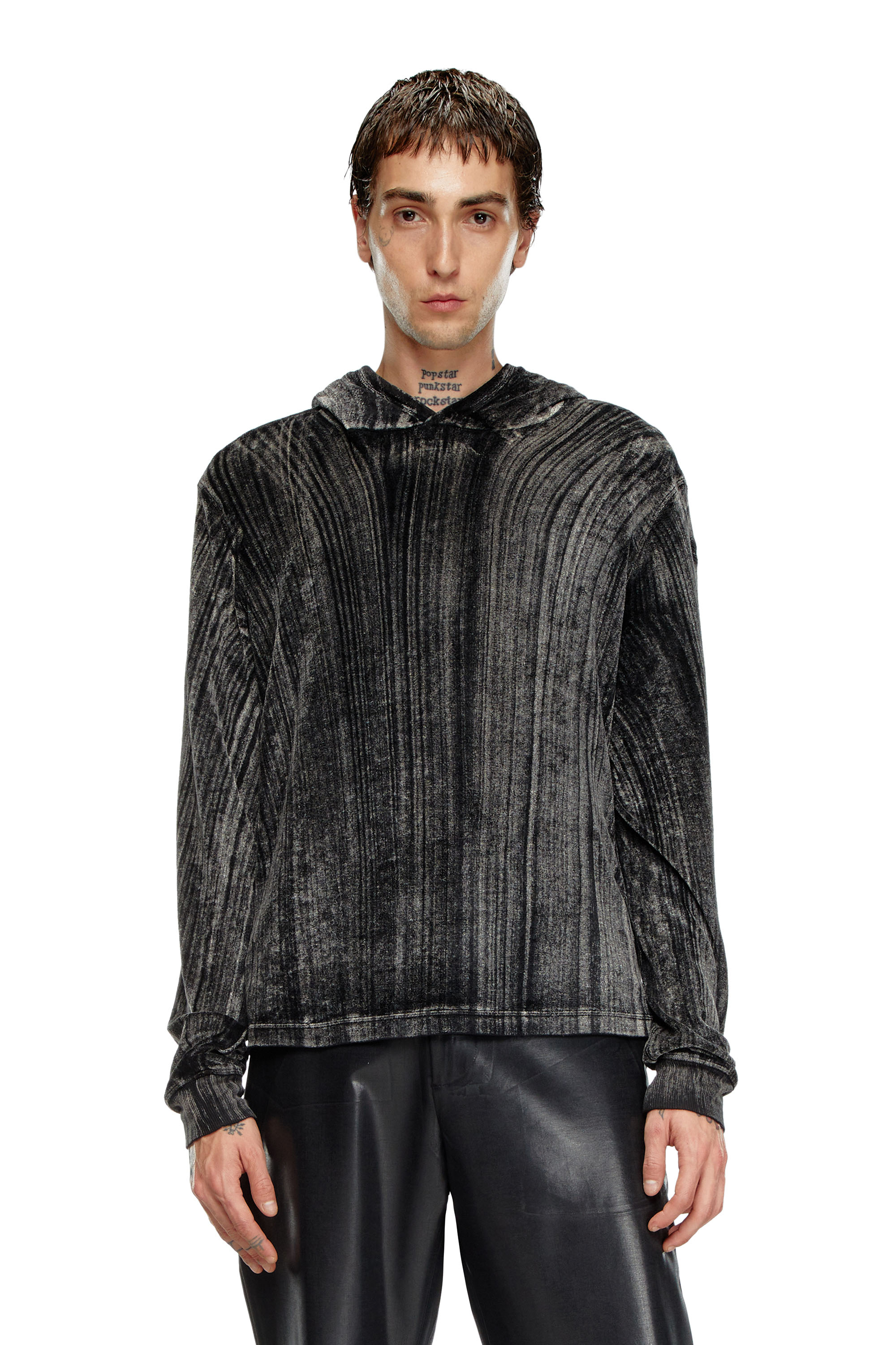 Diesel - Hooded long-sleeve T-shirt in chenille - T-Shirts - Man - Black