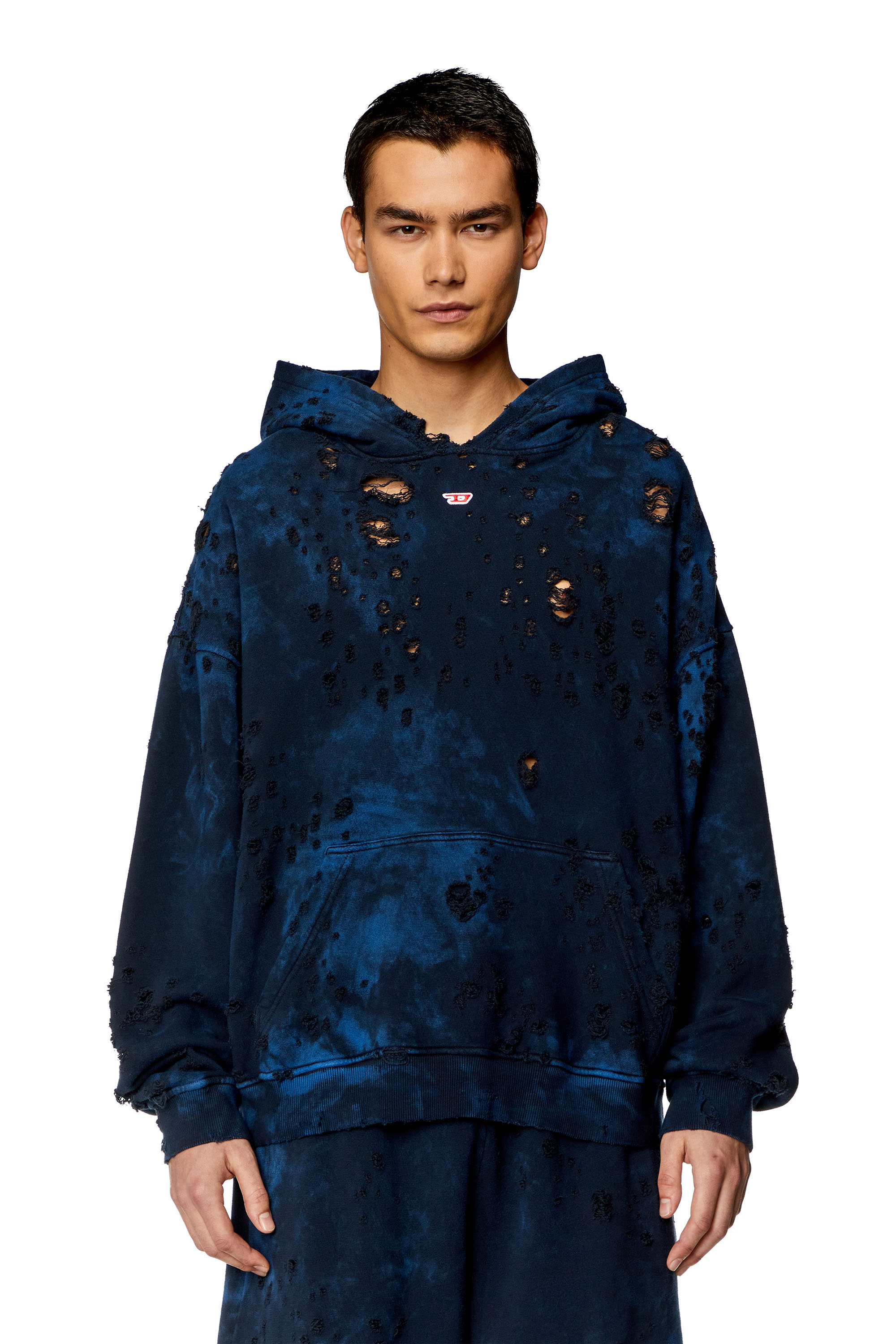Diesel - Sweat-shirt à capuche destroy effet marbré - Pull Cotton - Homme - Bleu