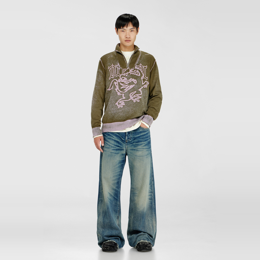 Diesel - Pull-over zippé traité avec motif griffin - Pull Maille - Homme - Vert
