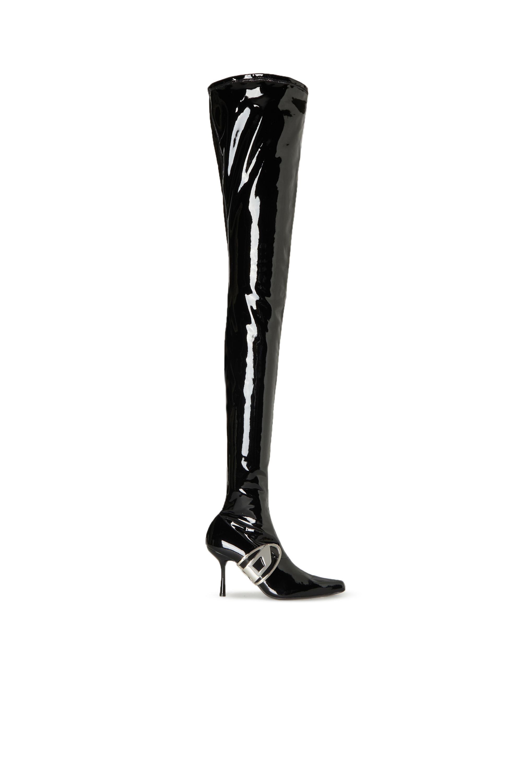 Diesel Patent Thigh-high Boots With Oval Plaque In Black