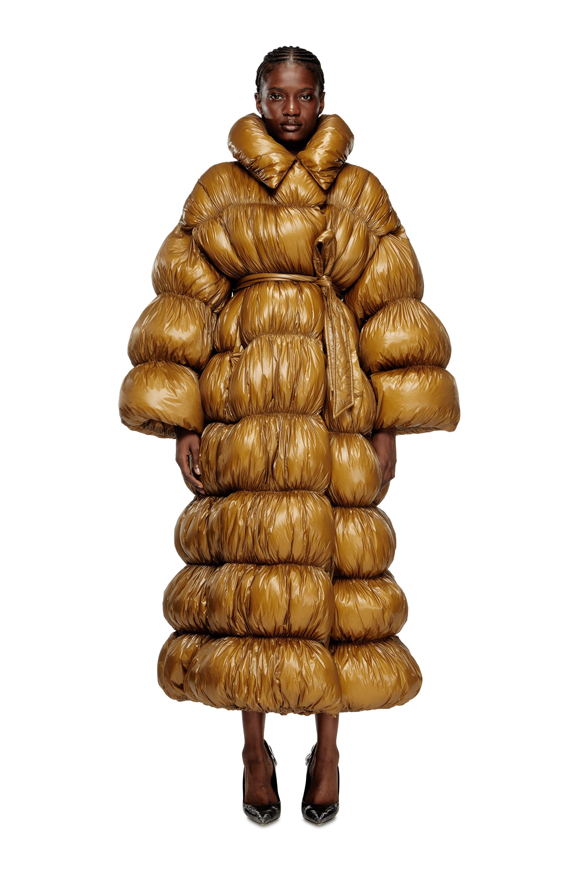 Diesel Quilted Down Coat With Belt In Brown
