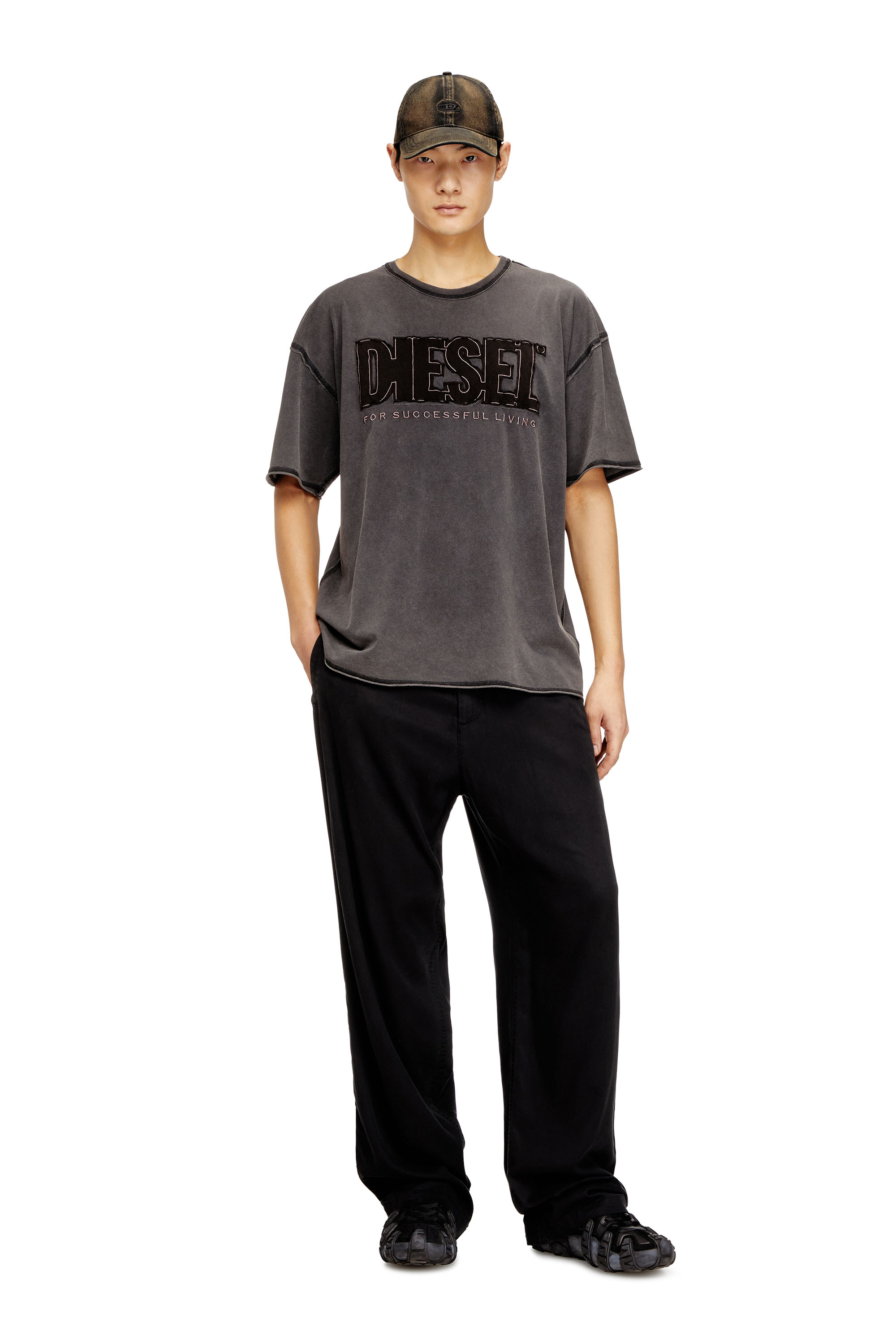 Diesel - T-RAWBOXT, Man's T-shirt with appliqué logo and raw edge in Black/Grey - 2