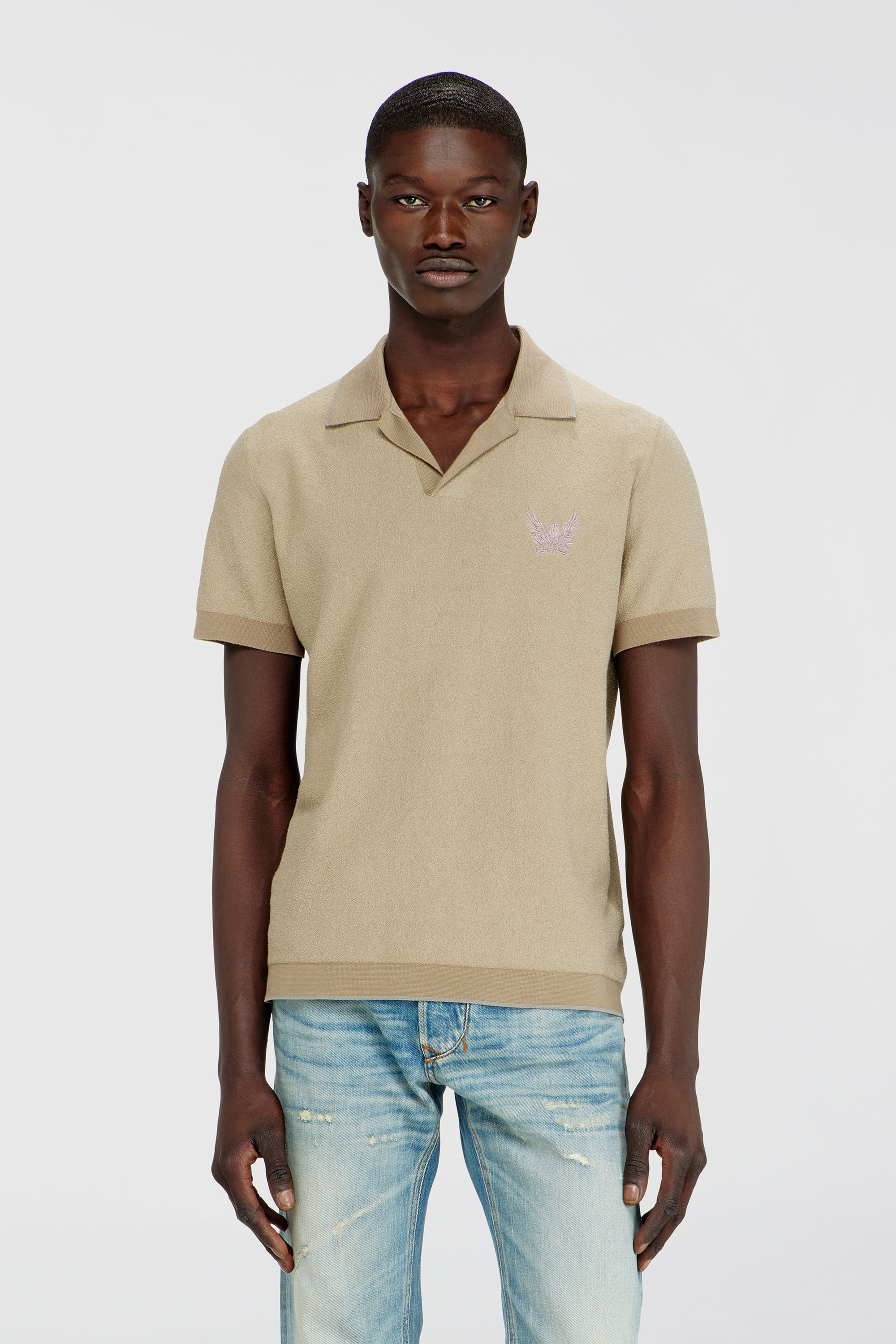 Diesel - Bouclé-knit polo shirt with Phoenix logo - T-Shirts - Man - Beige