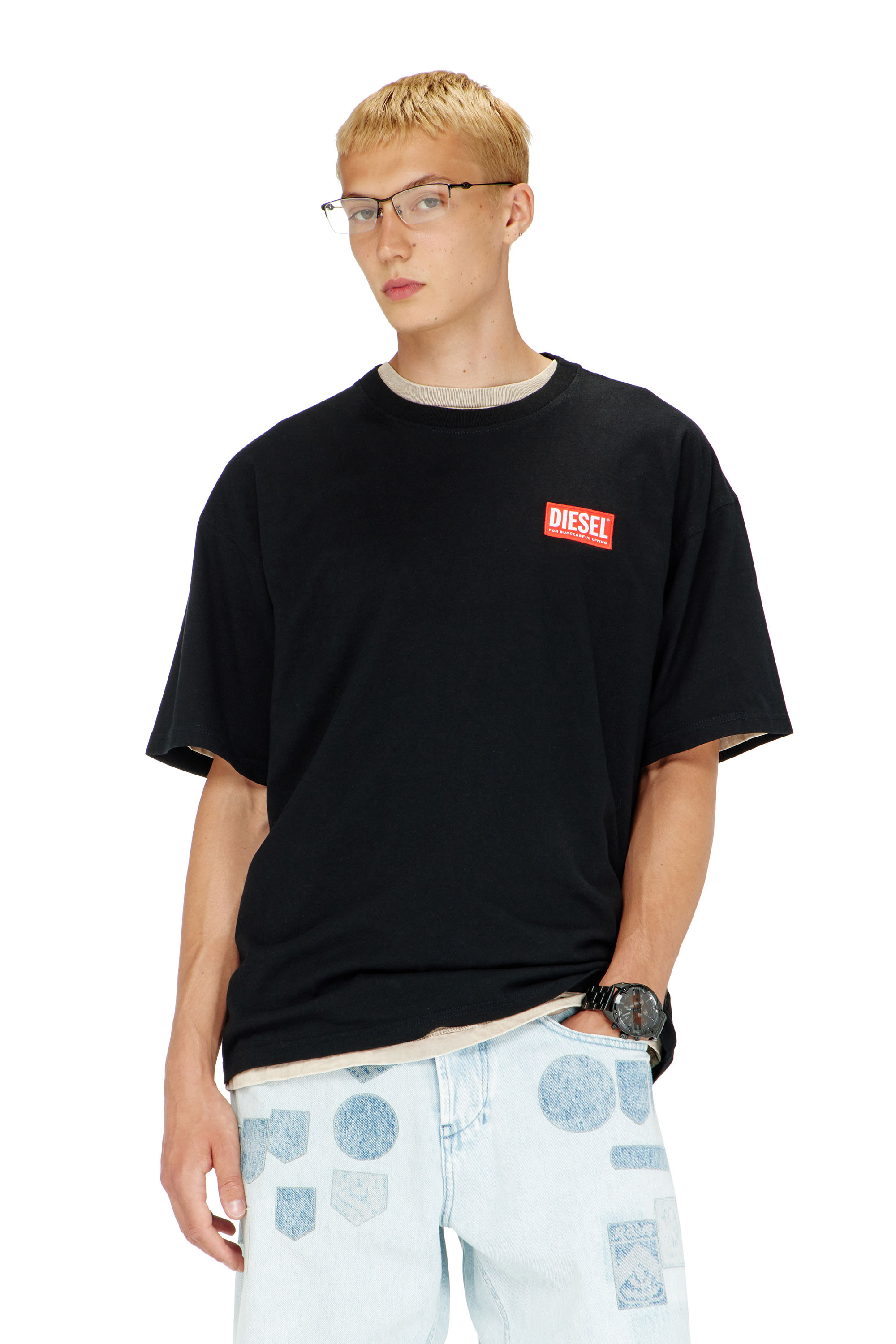 Diesel Herren Schwarz - T-Shirt Mit Jacquard-Logo-Patch - T-Shirts Extra Klein