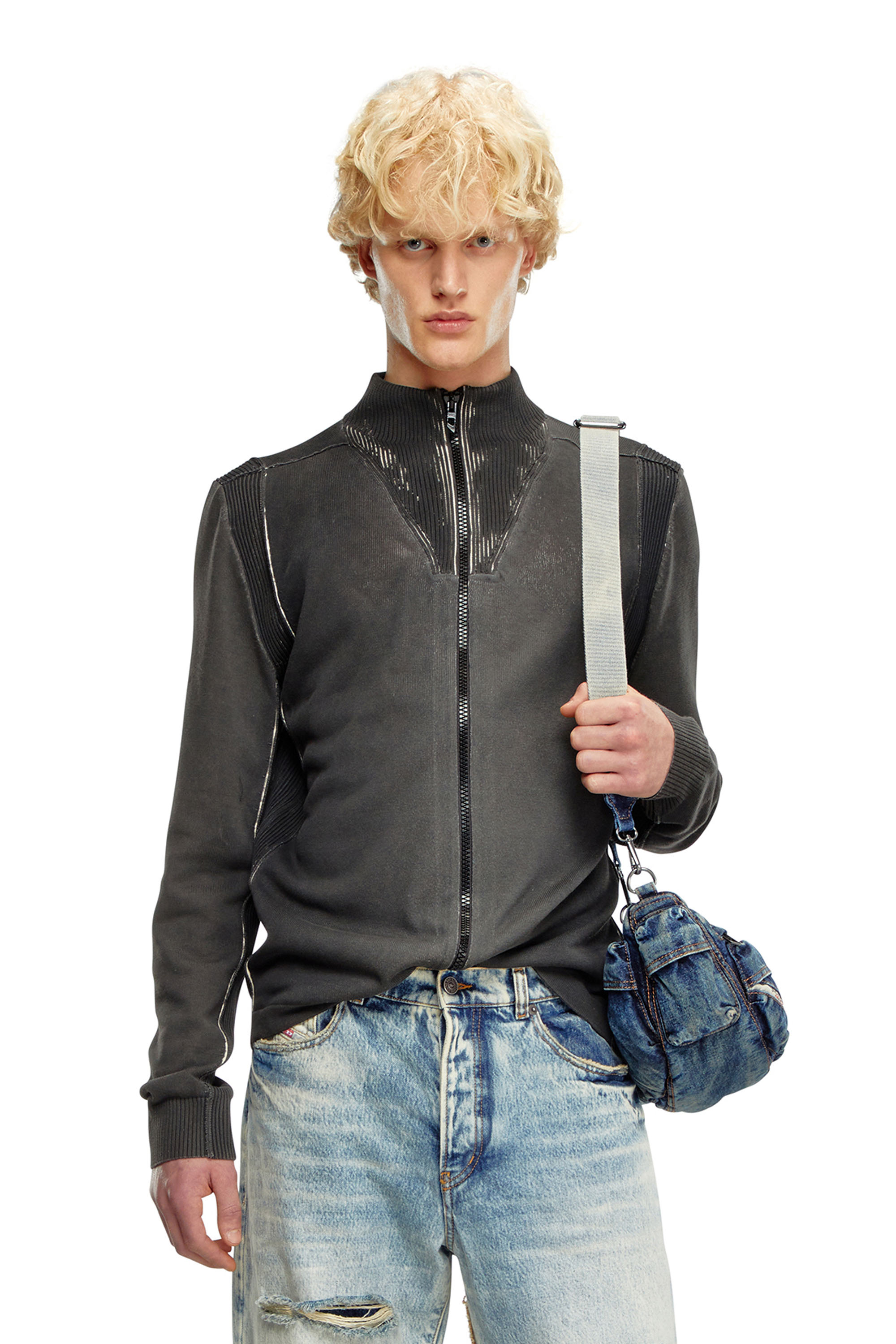 Diesel - Zip cardigan in treated cotton - Knitwear - Man - Black