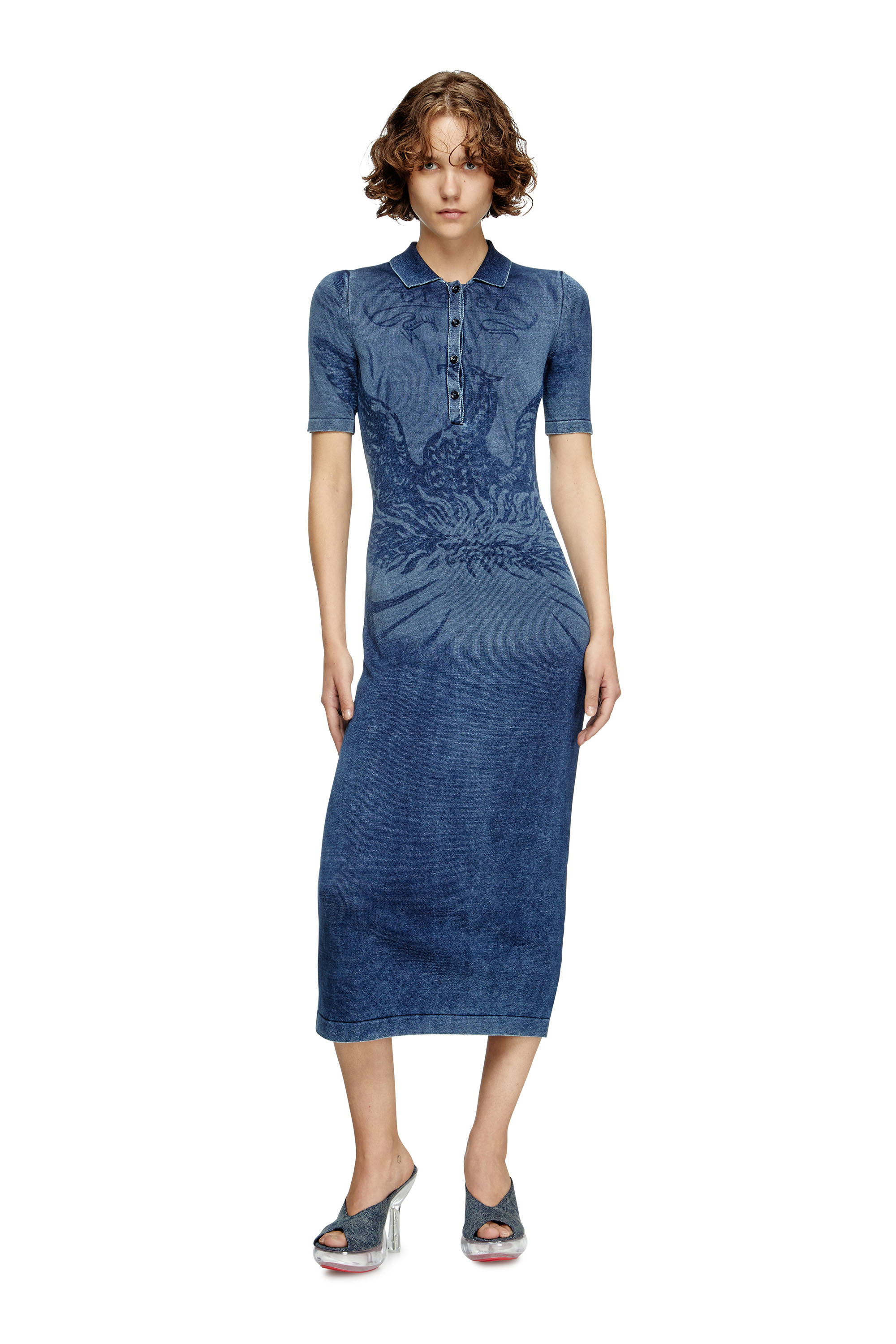 Polo midi dress in denim-effect knit - Dresses