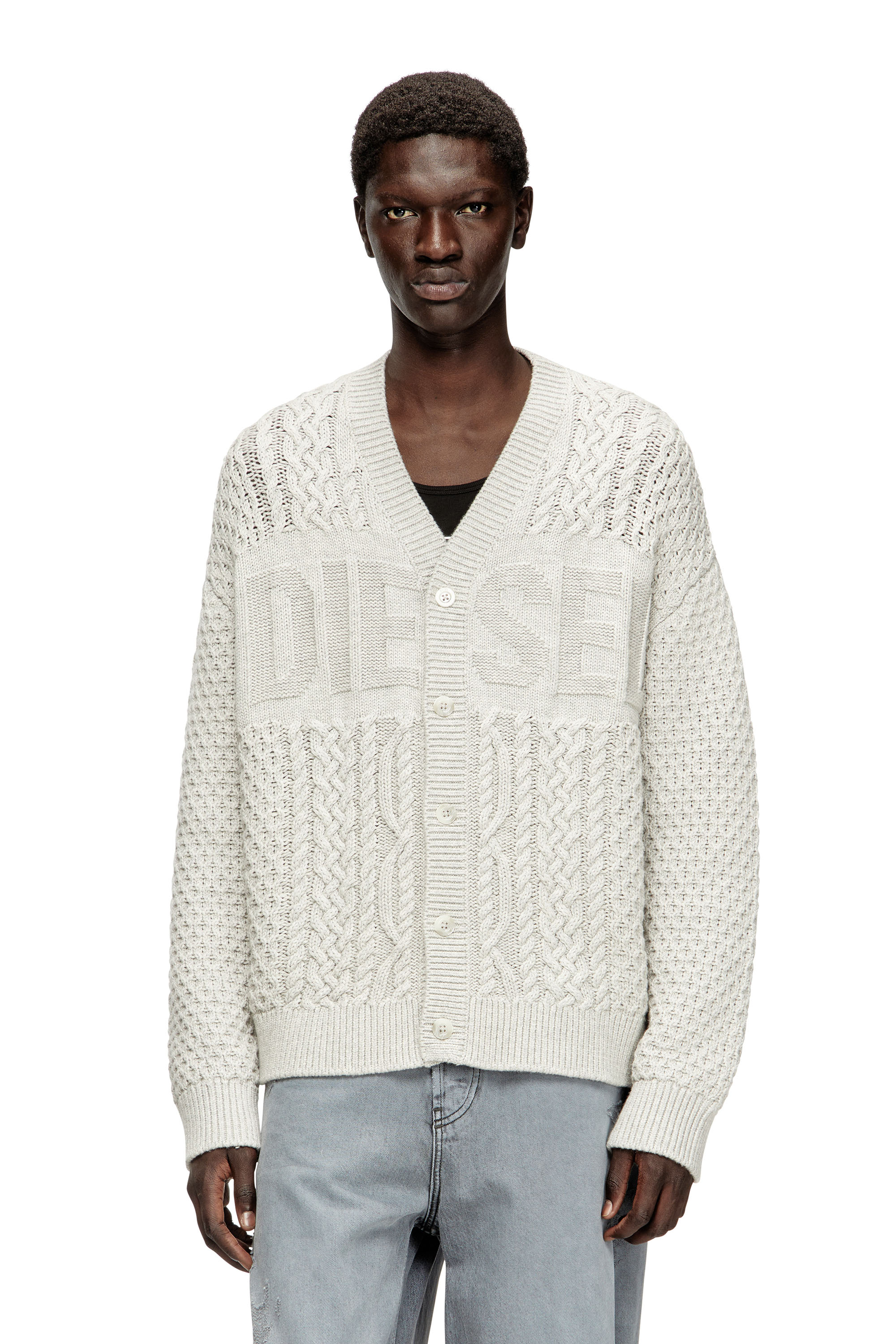 Diesel - K-ANTOINE, Man's Cable-knit cardigan with Diesel logo in Light Grey - 1