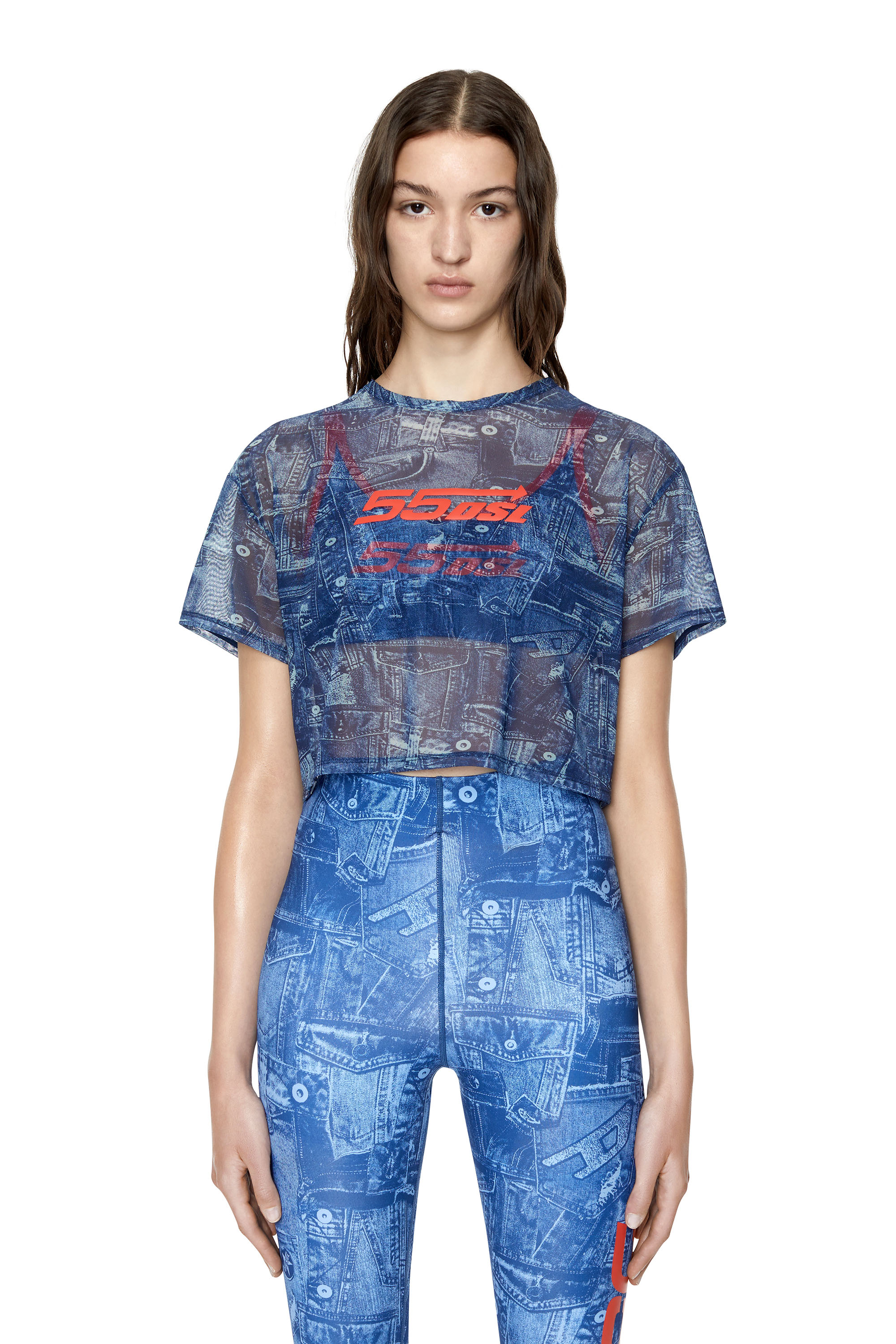 Diesel - T-shirt in mesh taglio cropped - T-Shirts - Donna - Blu