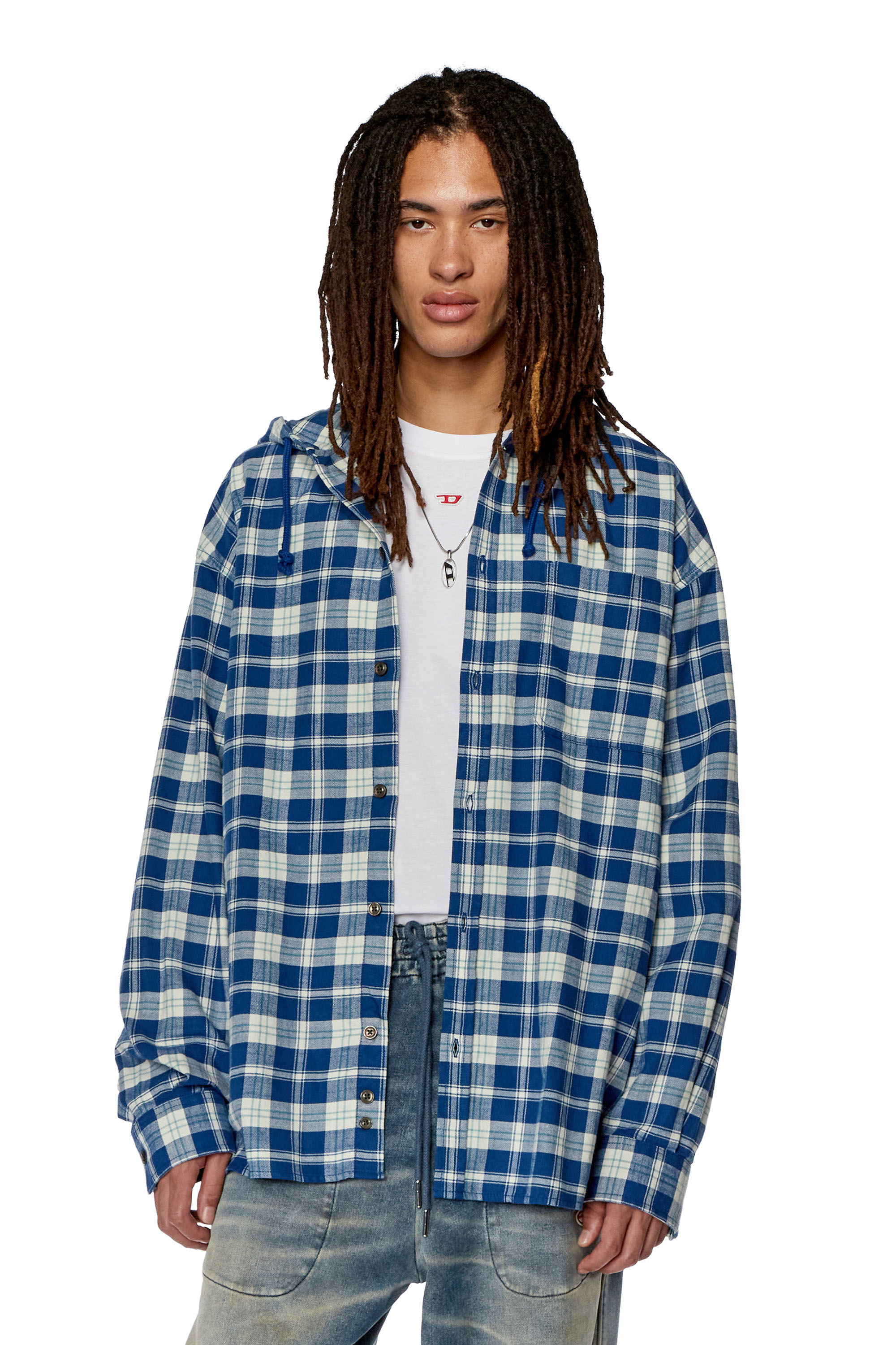 Diesel Oversized Hooded Shirt In Tactile Flannel In Multicolor