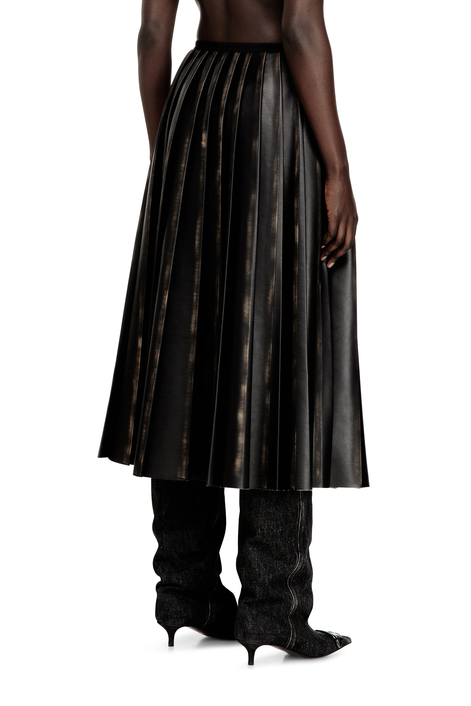 Diesel - O-SAKA, Woman's Distressed pleated midi skirt in Black/Brown - 4