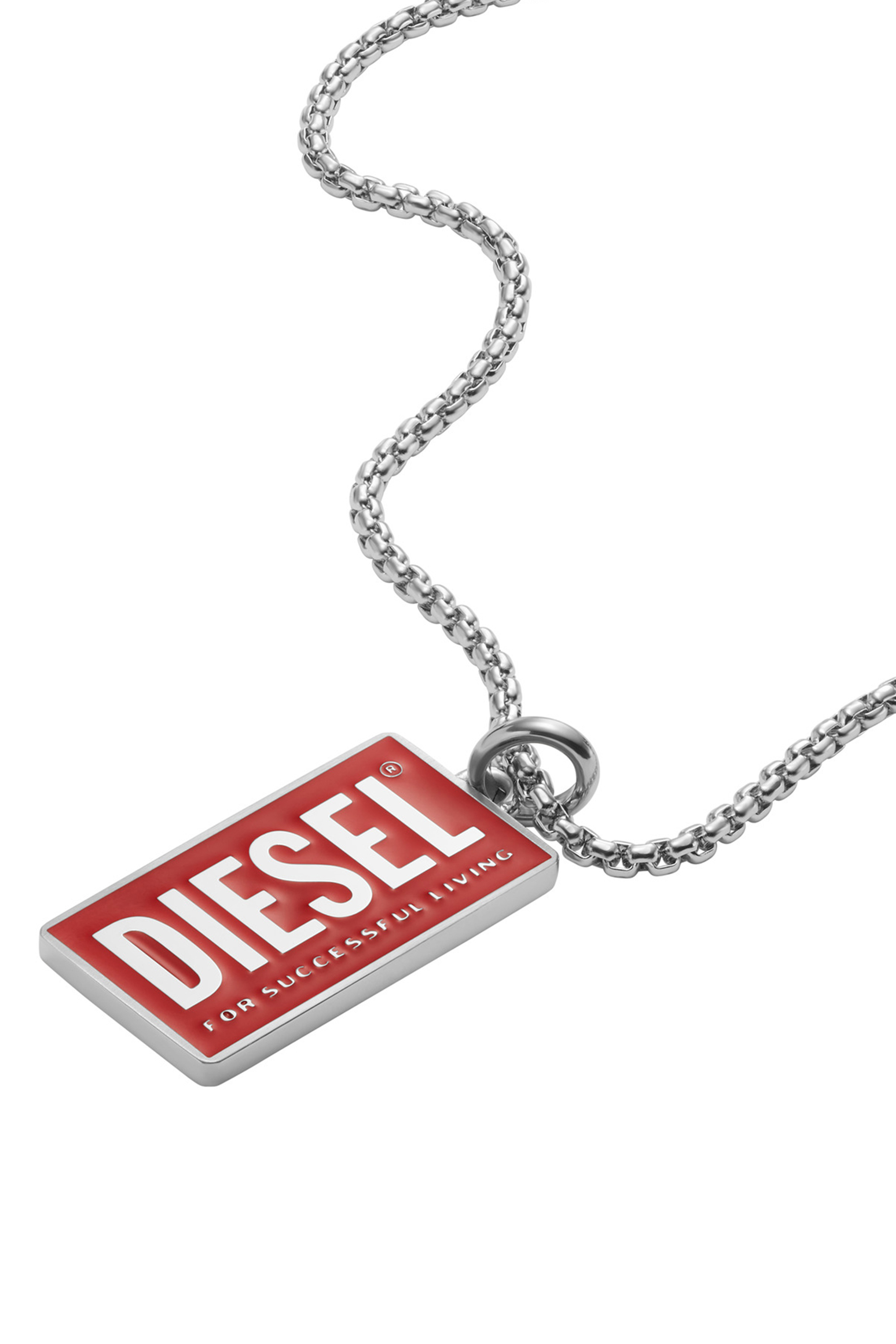 Diesel - Collana in acciaio inossidabile con ciondolo a targhetta e logo - Collane - Unisex - Rosso