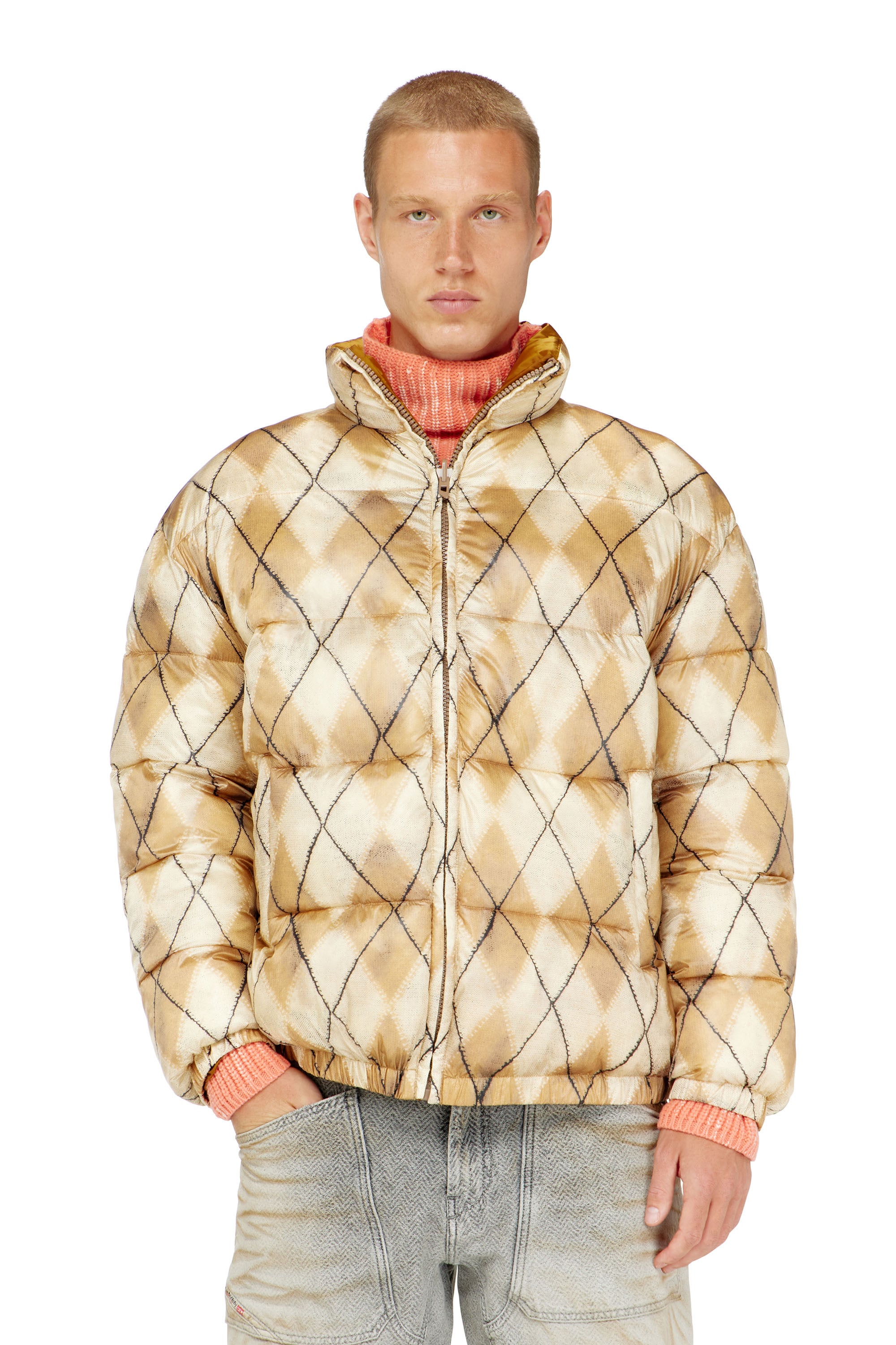 Diesel - Reversible puffer jacket with argyle print - Winter Jackets - Man - Beige
