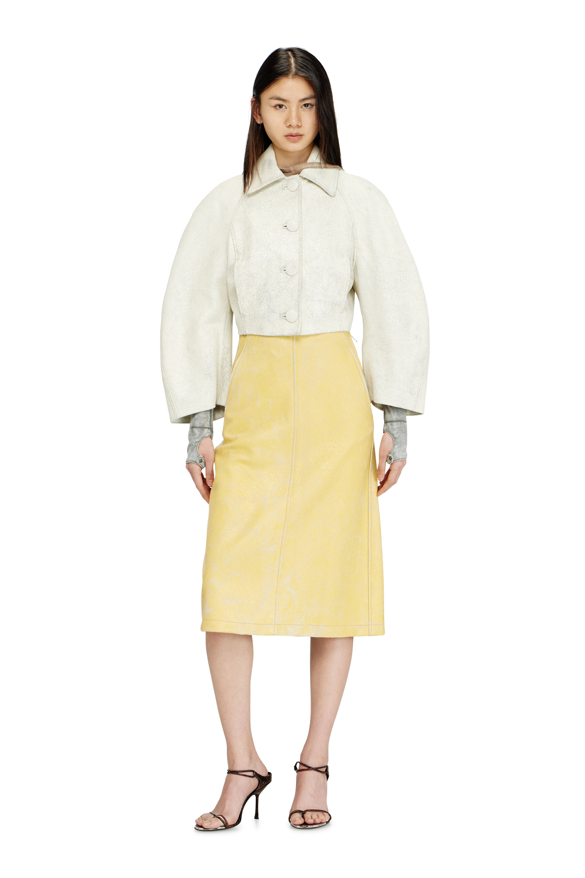 Diesel - L-ERINA, Woman's Midi pencil skirt in cracked leather in Yellow - 1