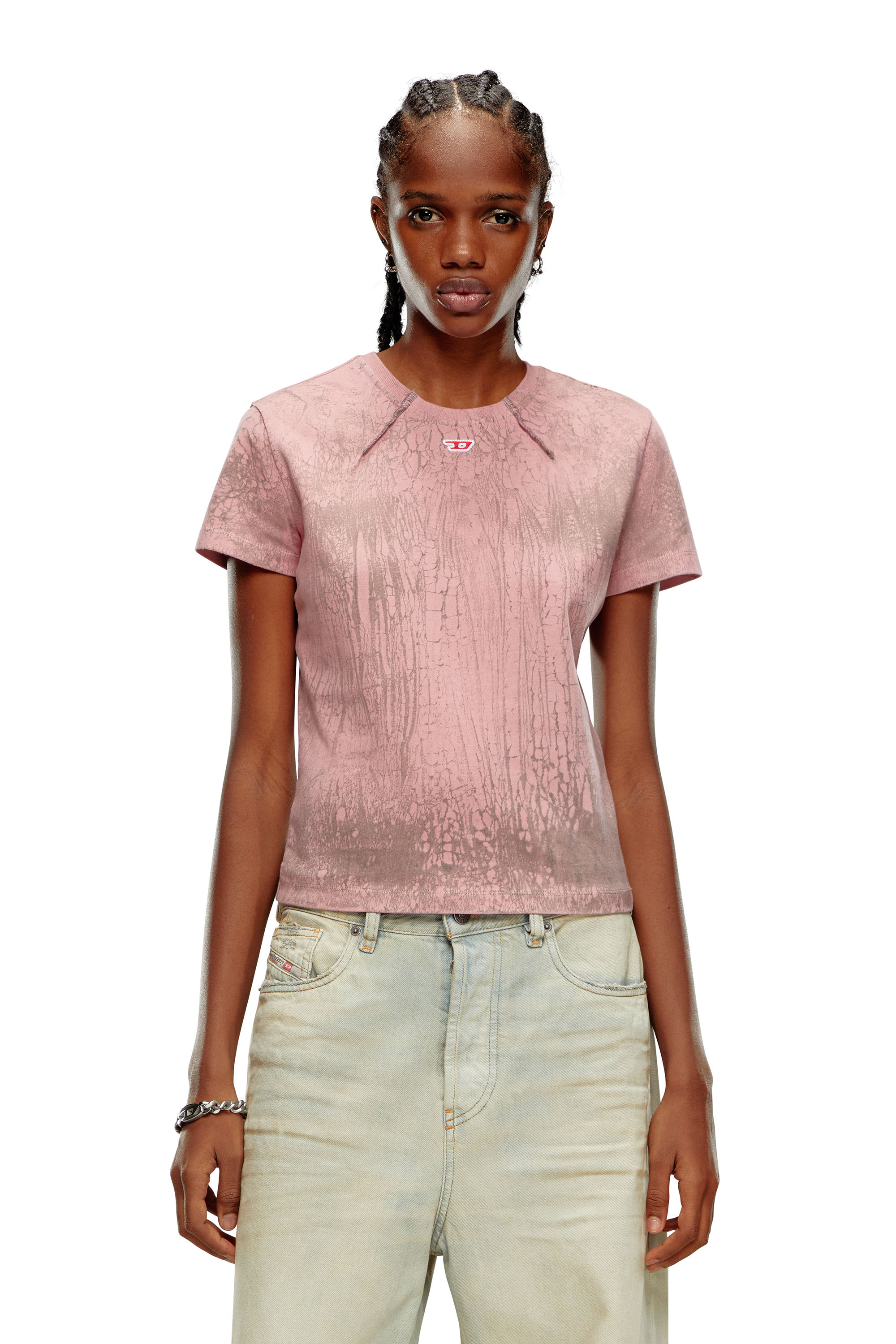 Diesel - Marbled jersey T-shirt with D patch - T-Shirts - Woman - Pink