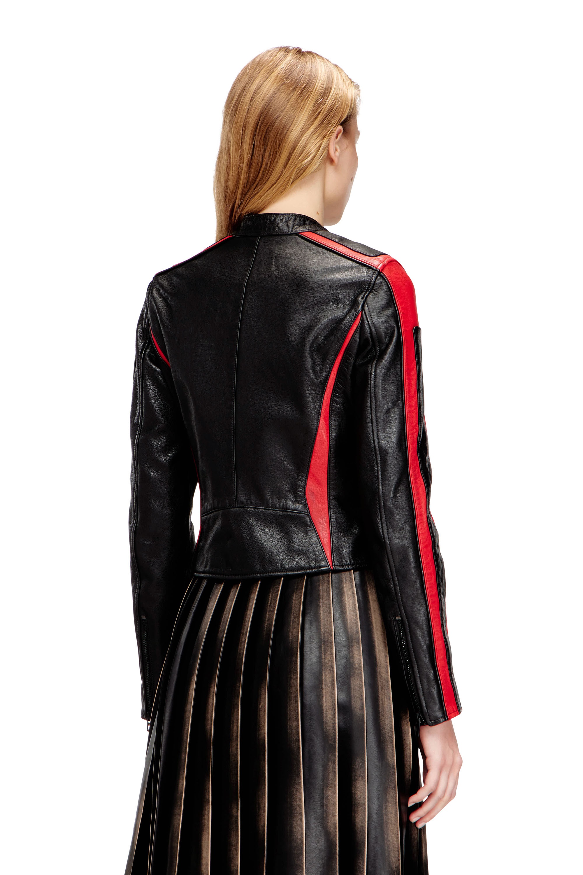 Diesel - L-OVABLE, Woman's Biker jacket in colour-block leather in Black/Red - 4