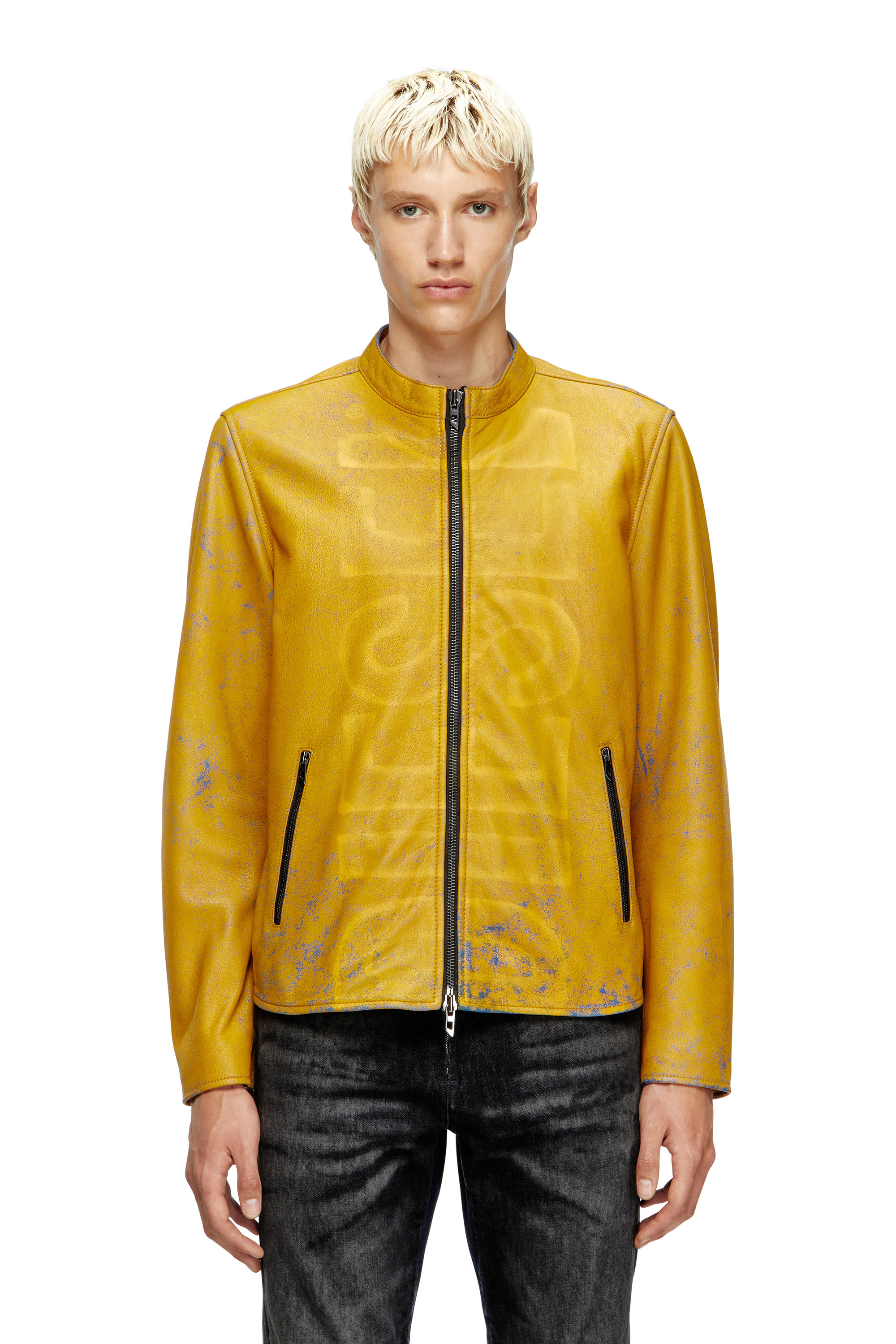 Diesel - L-EVERT-A, Man's Treated leather biker jacket with faded logo in Yellow - 1