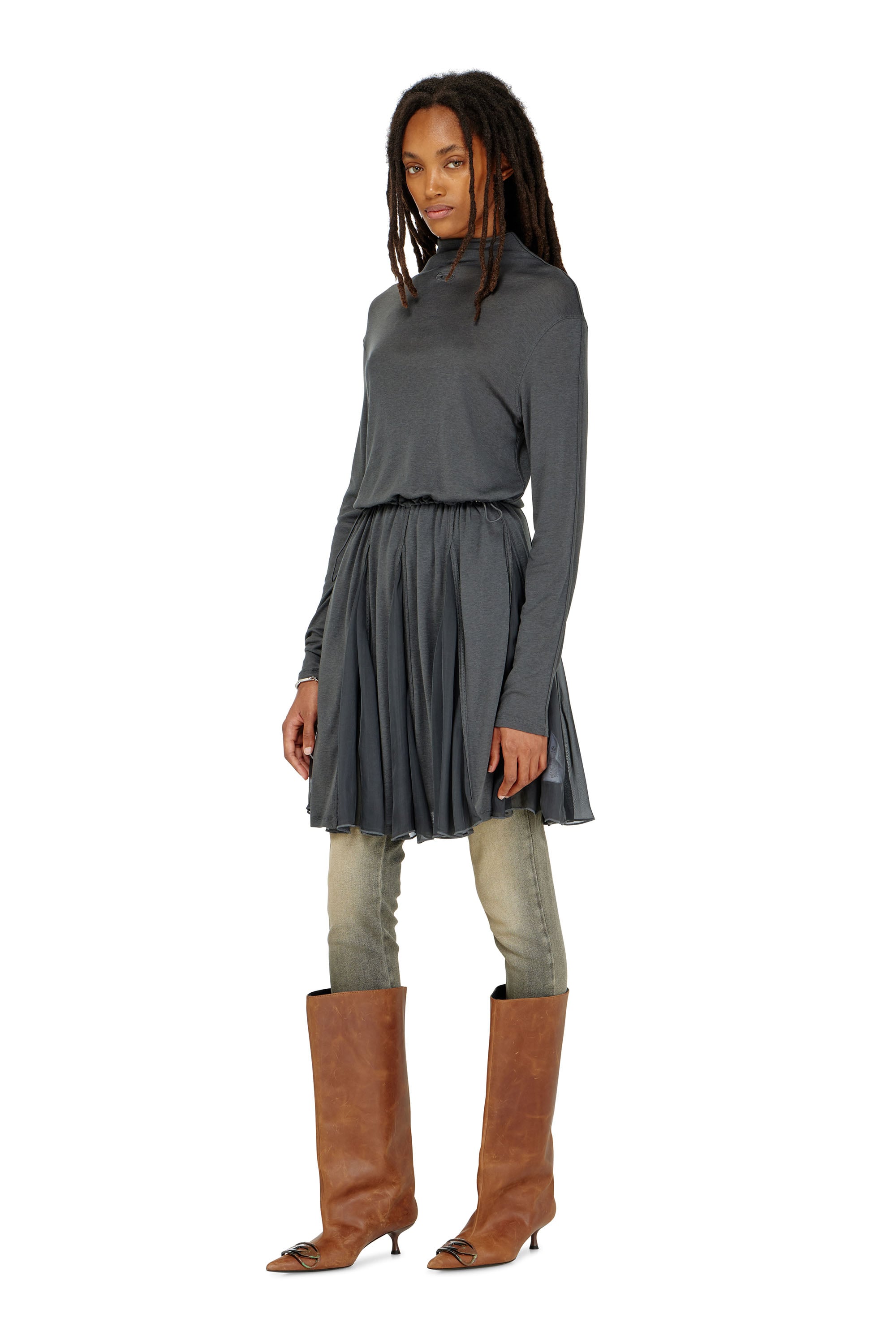 Diesel – Turtleneck mini dress in jersey and chiffon – Dresses – Woman – Grey