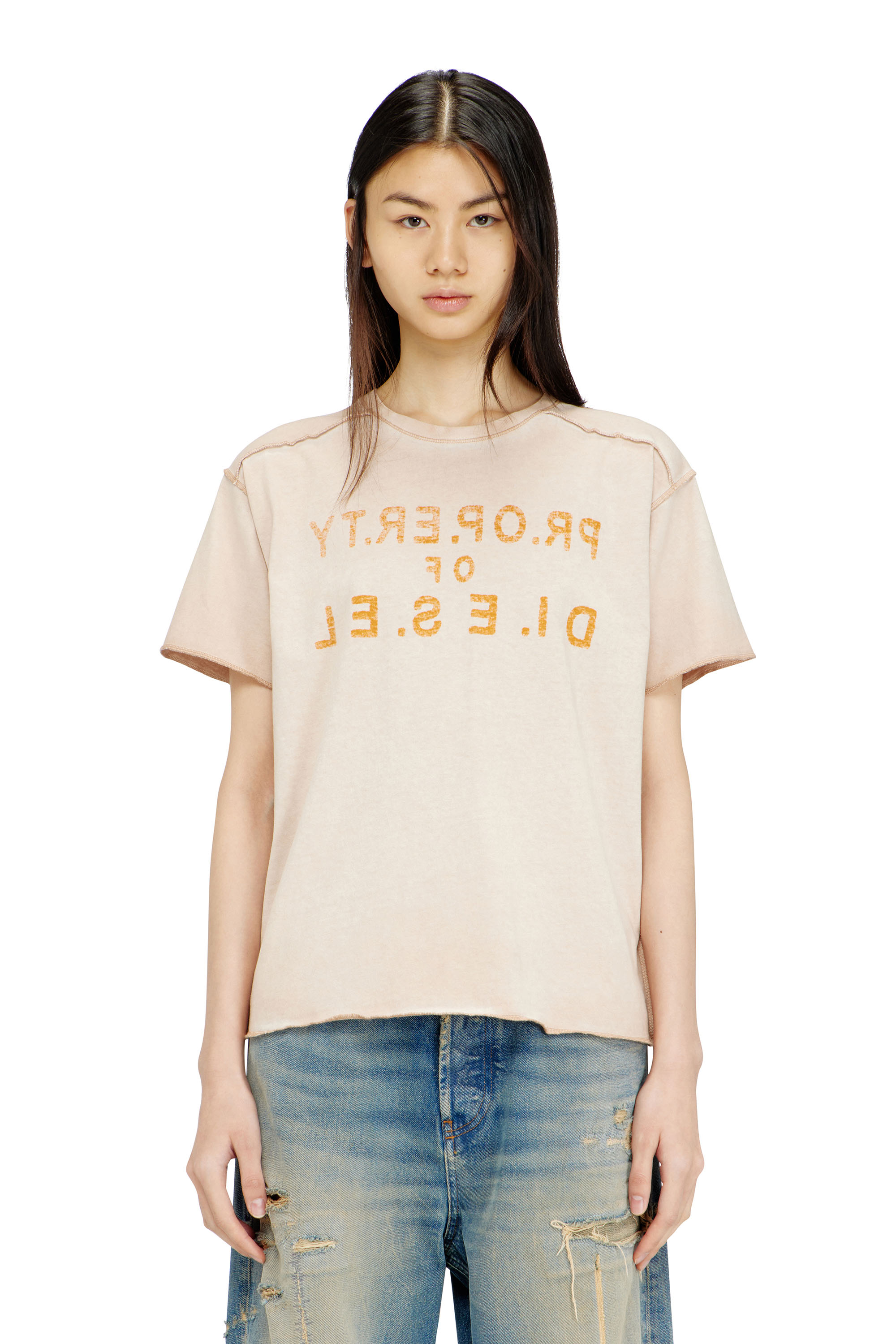 Diesel Women's Beige - Regular Cotton T-Shirt With D Appliqué - T-Shirts - Woman Xxs