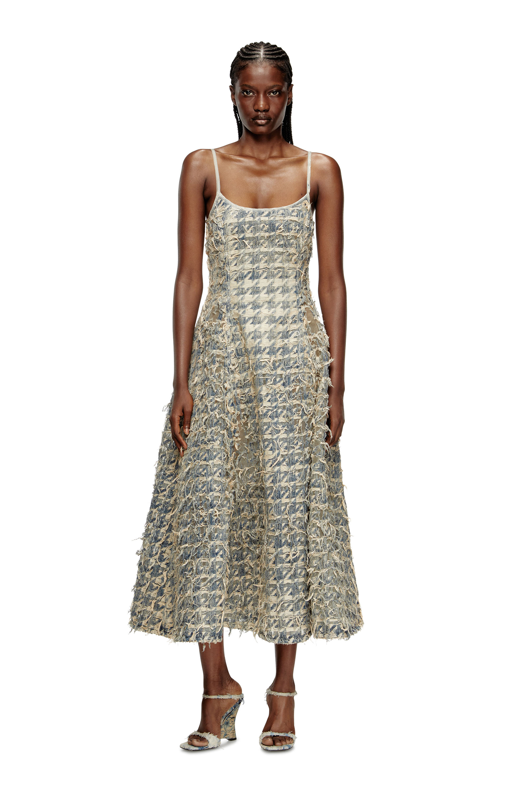 Diesel - DE-SWEENEY-LONG-FSH, Woman's Long skirt in d&eacute;vor&eacute; houndstooth denim in Light Blue - 1