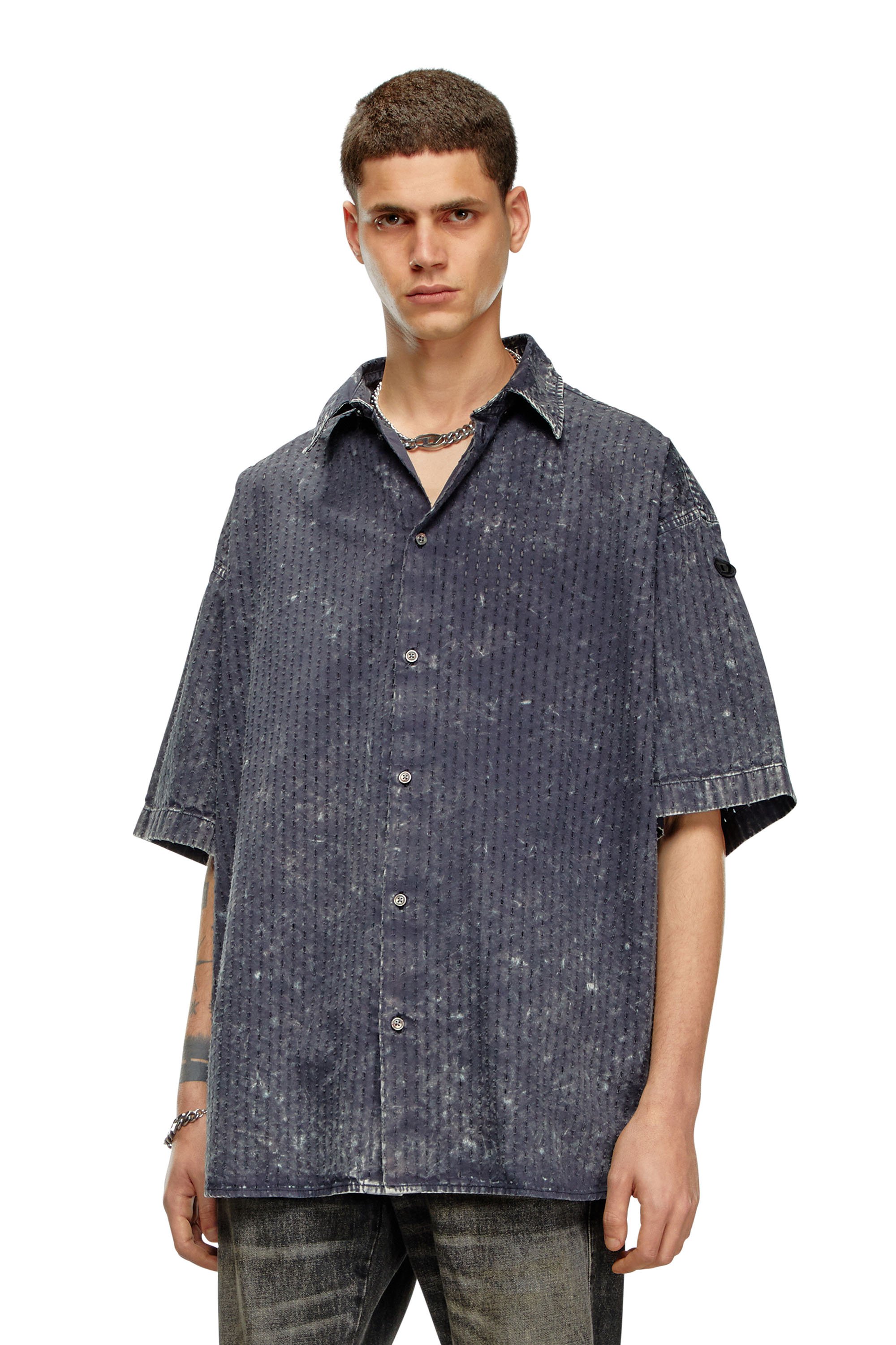 Shop Diesel Perforated Acid-wash Short-sleeve Shirt In Grey