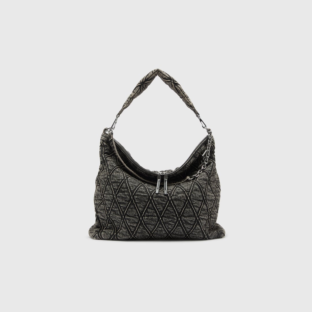 Diesel - Charm-D - Hobo bag in acid-wash quilted denim - Shoulder Bags - Woman - Grey