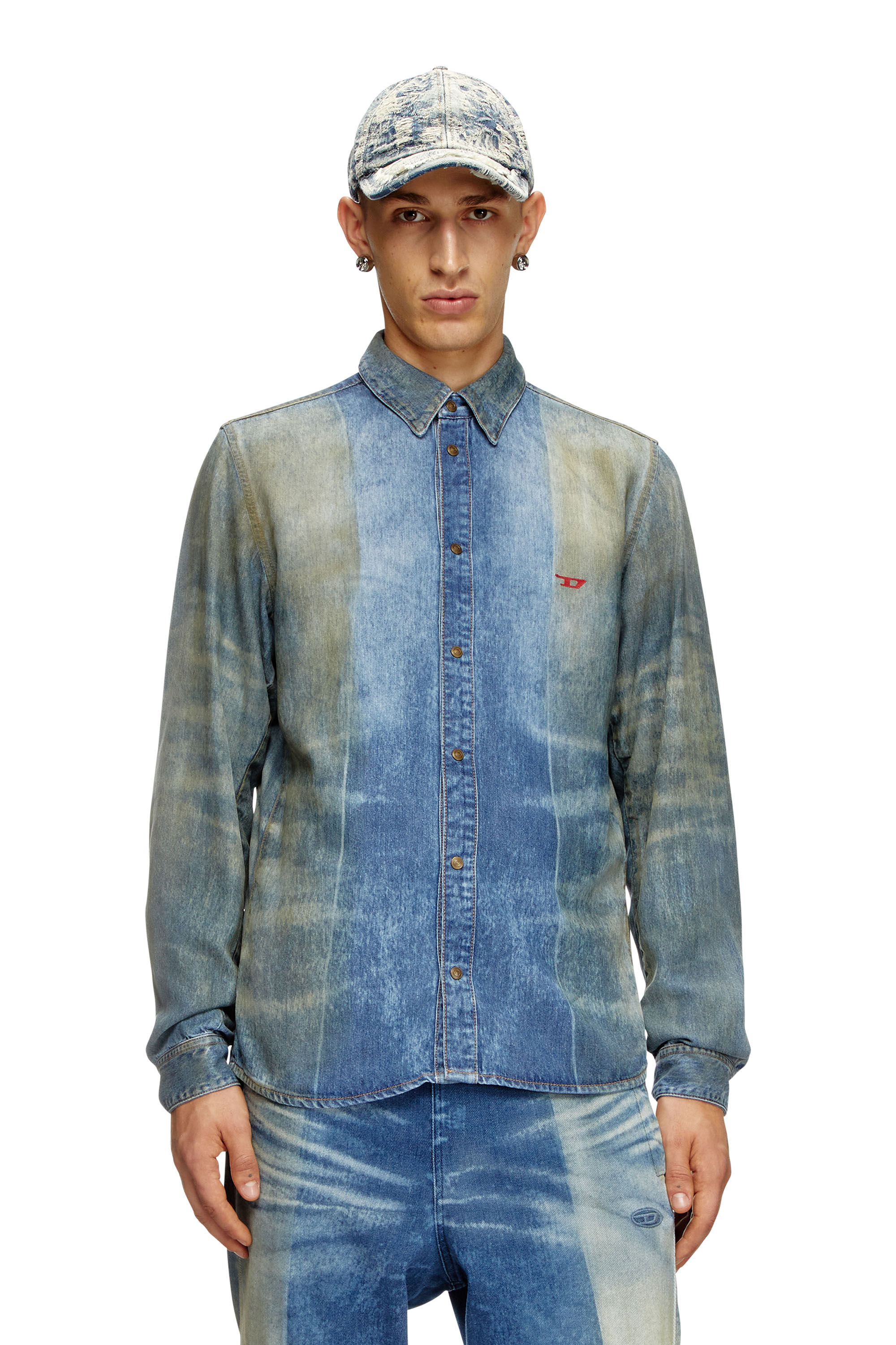 Shop Diesel Denim Shirt With Solarised Folds In Blue