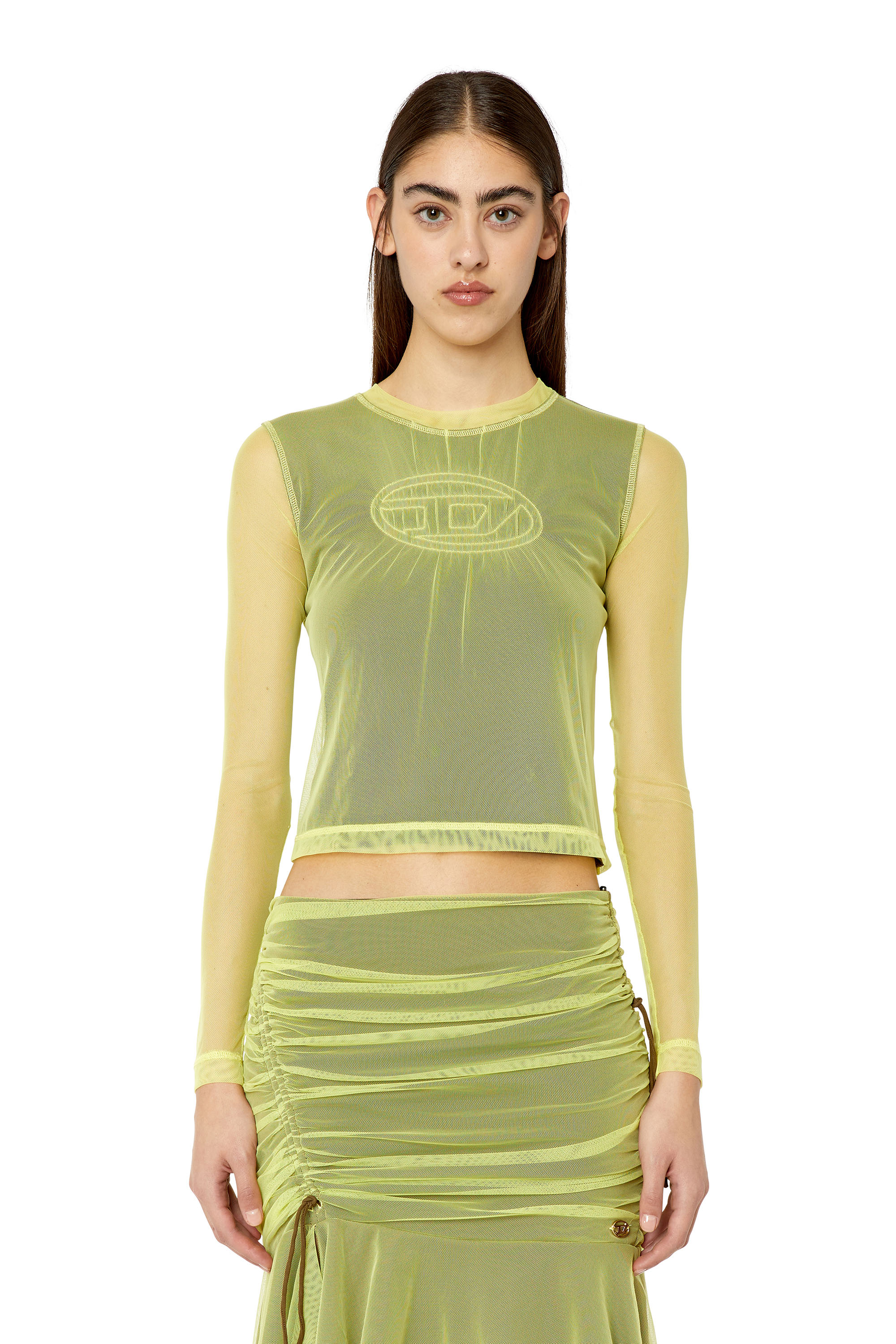 Diesel - Top a maniche lunghe in jersey e tulle - T-Shirts - Donna - Giallo