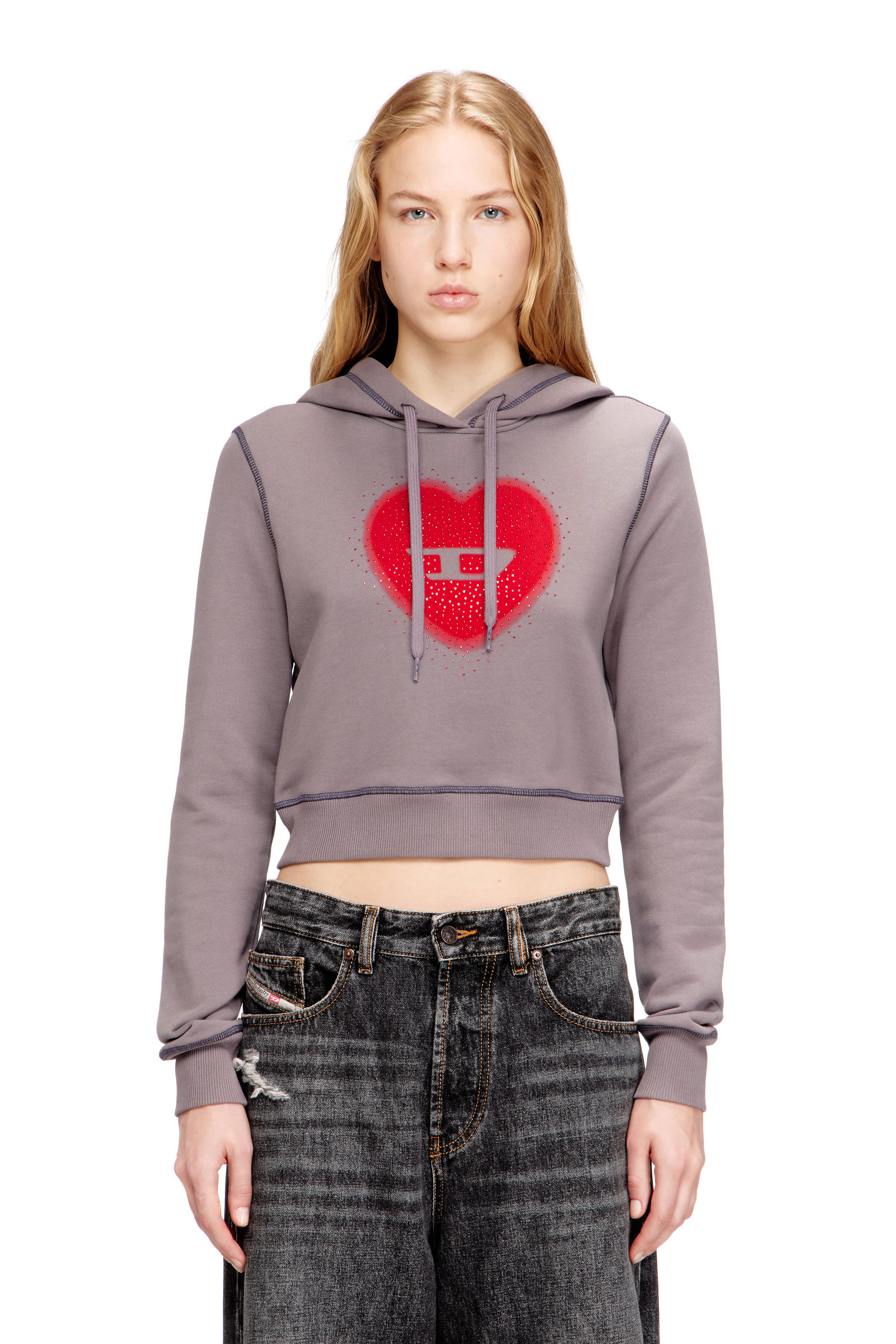 Diesel - F-SLIMMY-HOOD-S5, Woman's Hoodie with heart print and studs in Violet - 1