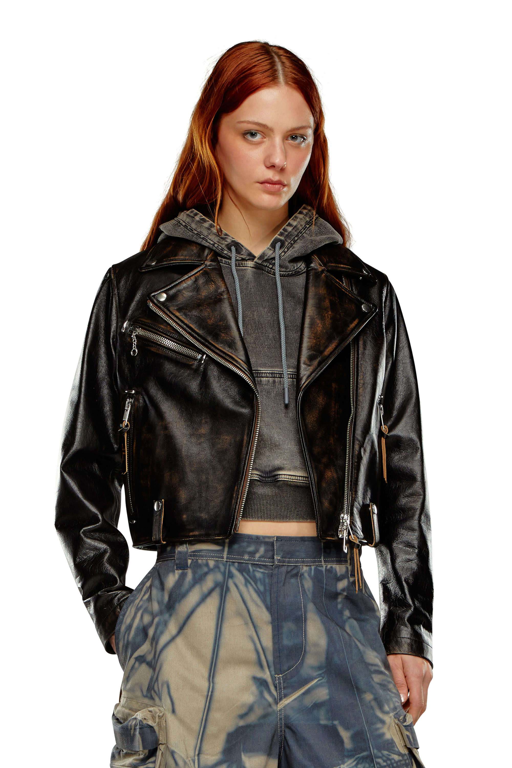 Diesel - Biker jacket in treated leather - Leather jackets - Woman - Black