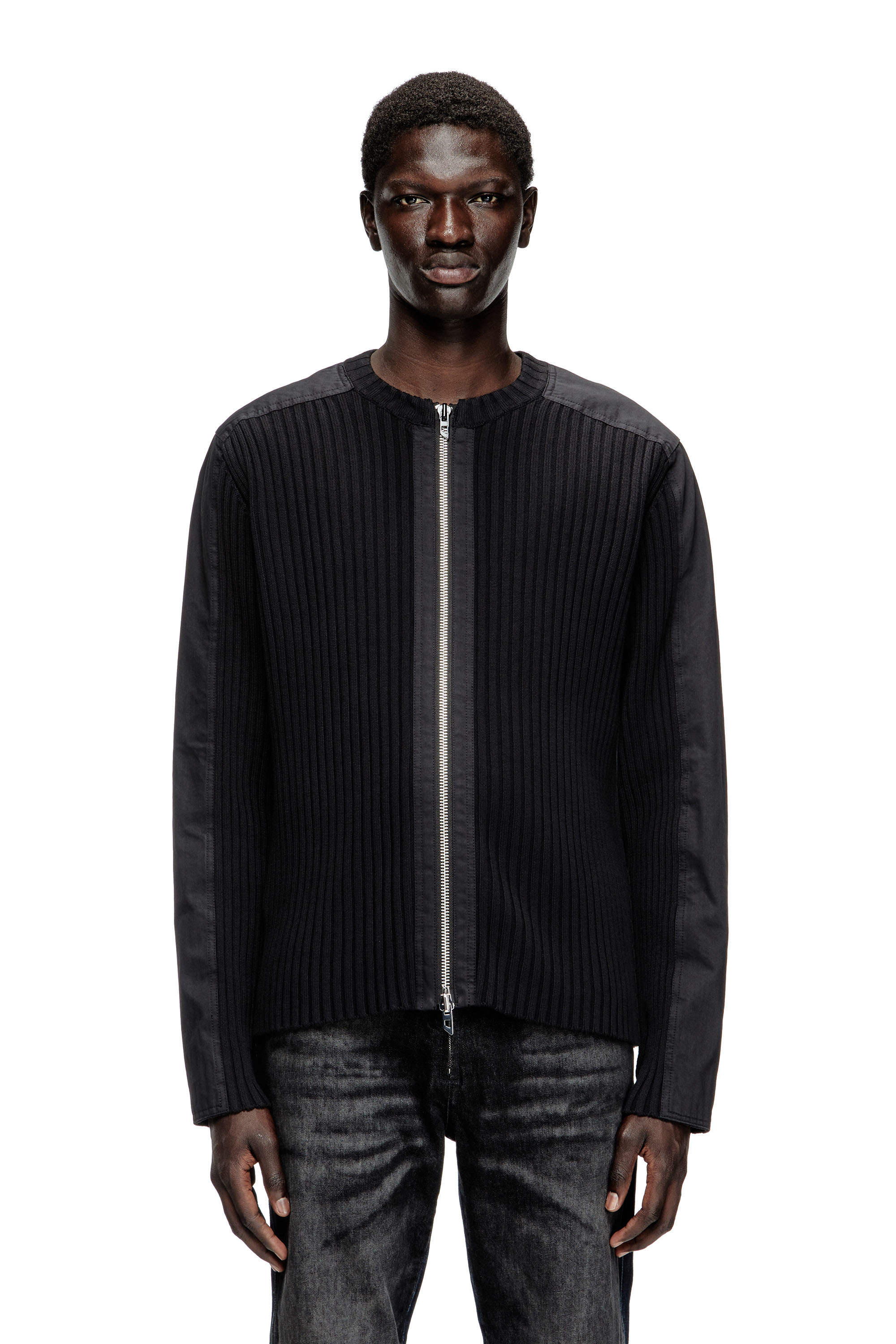 Diesel Herr Svart - Zipped Cardigan With Utilitarian Panels - Knitwear - Man Extra Små