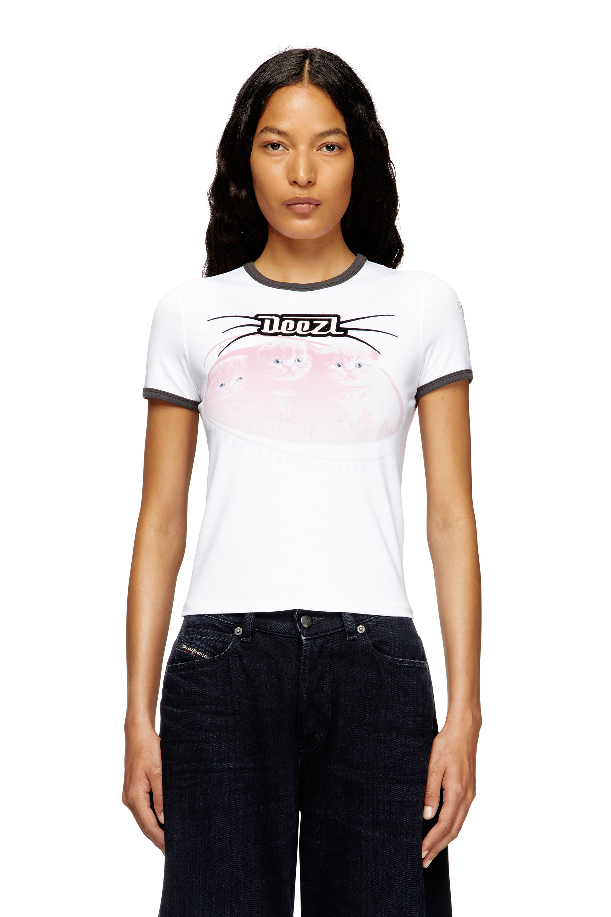 Diesel White Cotton T-shirt With Print And Contrasting Edges In White