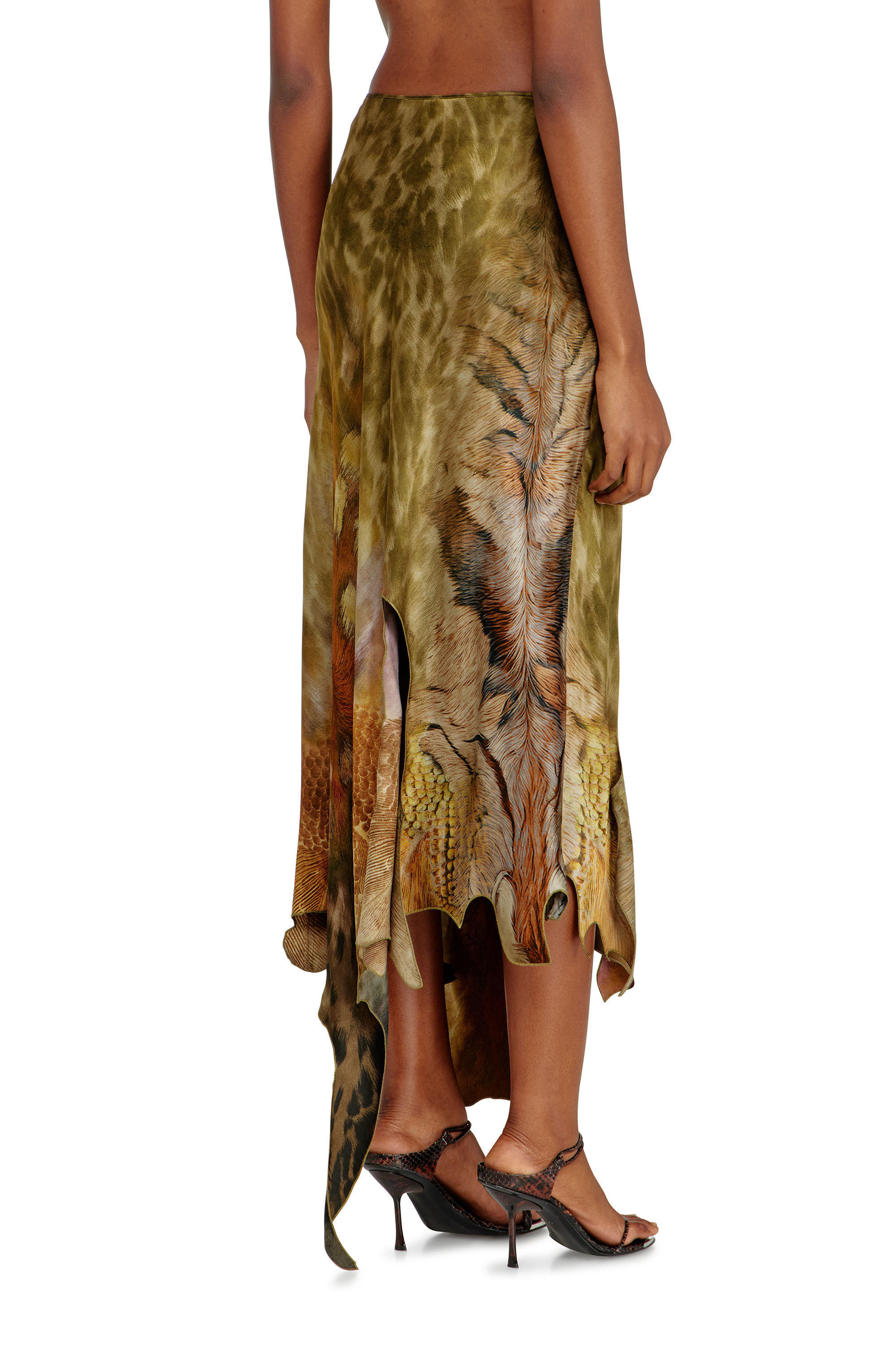 Diesel - O-TORN, Woman's Long asymmetrical skirt in printed satin in Brown/Green - 4
