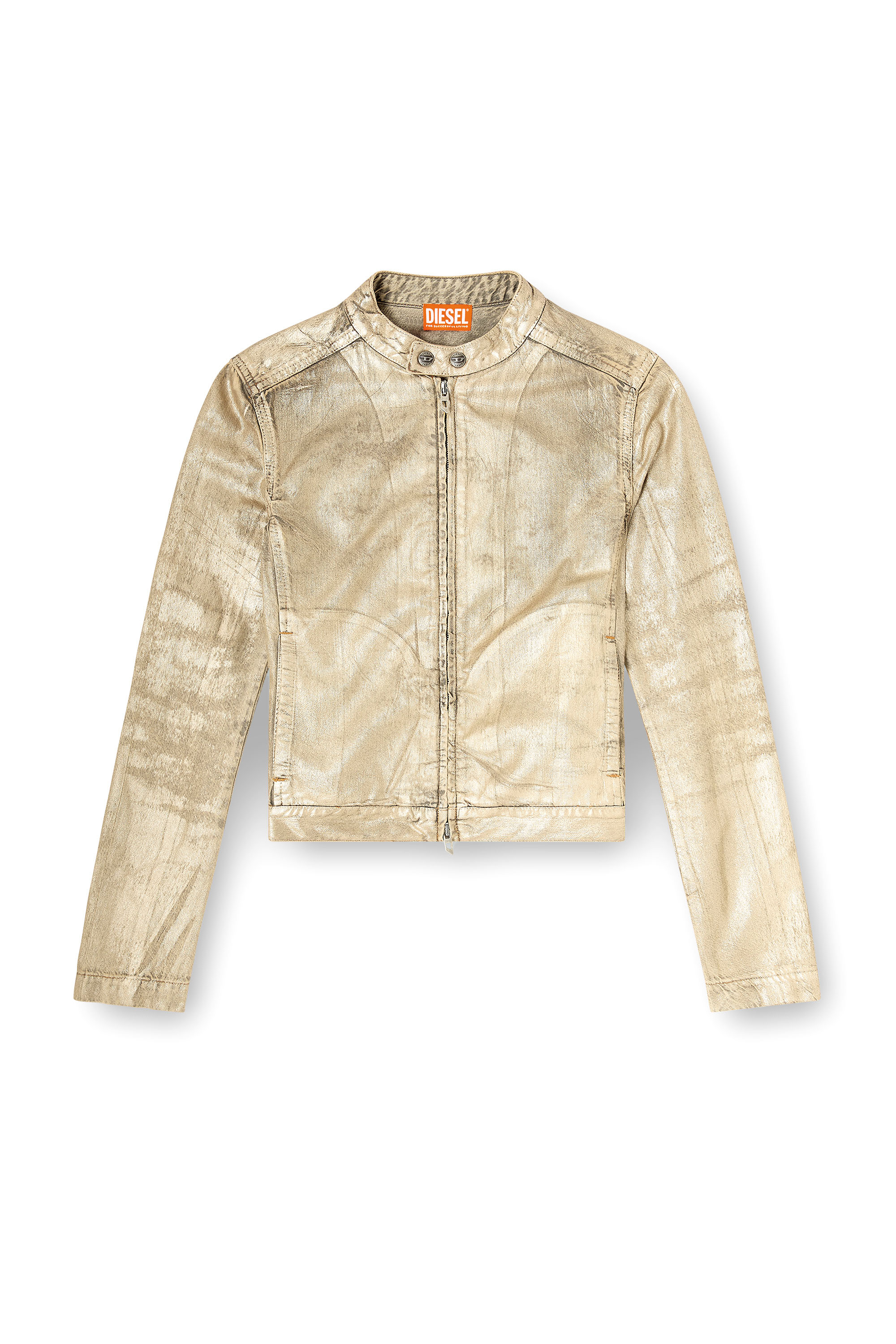 Diesel - Dile_Luna Jacket, Woman's Moto jacket in distressed metallic denim in Gold - 3