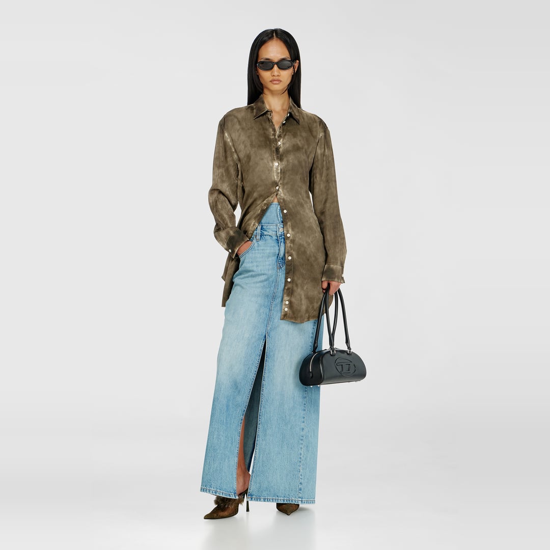 Diesel - Long shirt in logo-jacquard crinkled satin - Dresses - Woman - Green