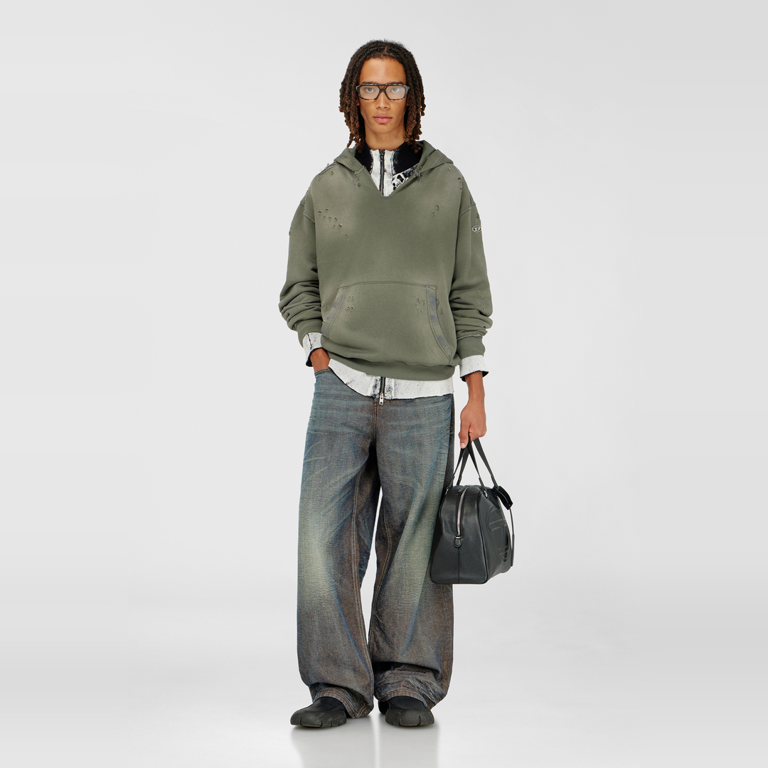 Diesel - Sweat à capuche effet usé avec col en V - Pull Cotton - Homme - Vert