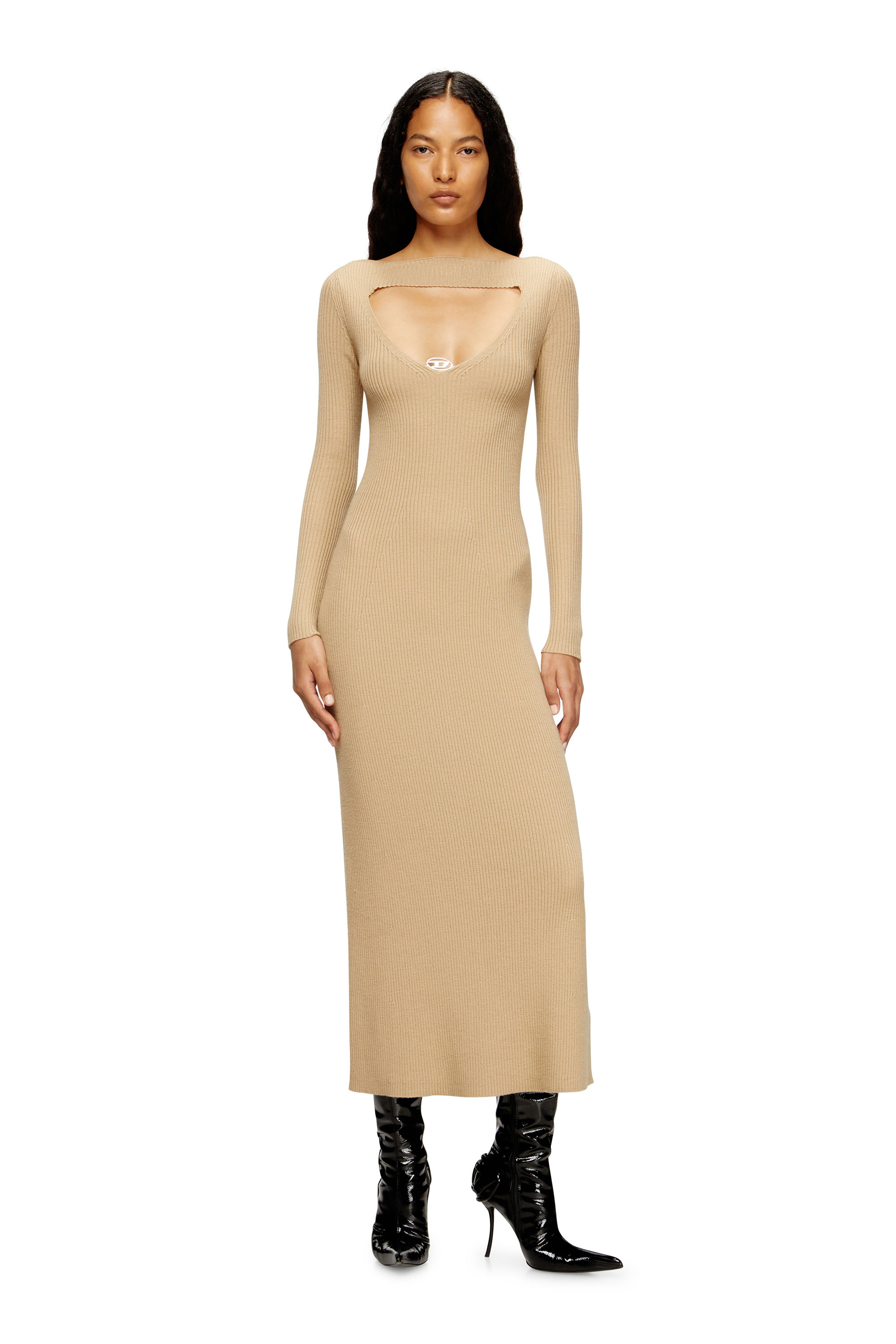 Diesel Kvinno Beige - Midi Wool Dress With Inlay - Dresses - Woman Medium