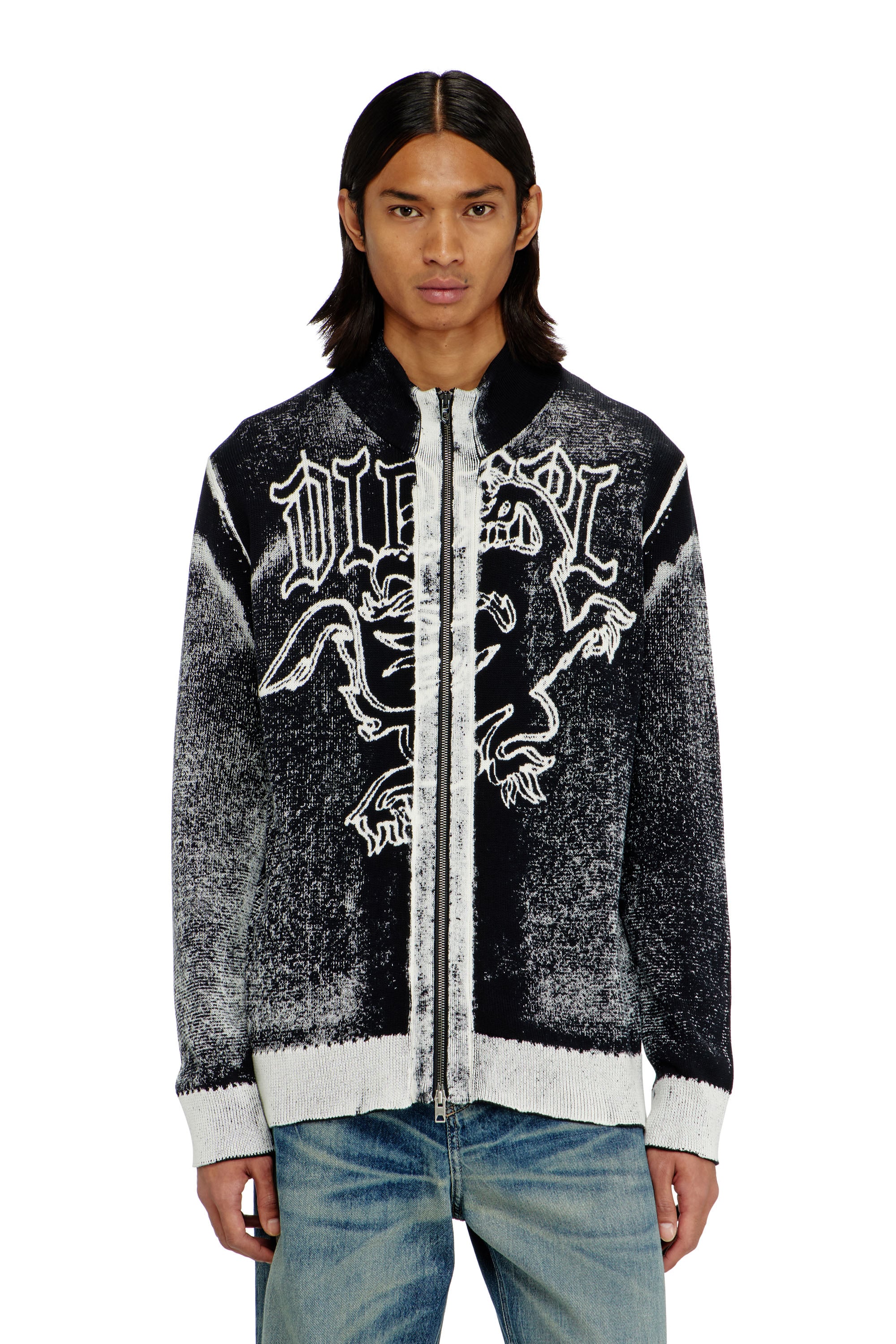Diesel Herren Bunt - Behandelter Zip-Cardigan Mit Griffin-Motiv - Strickwaren Klein