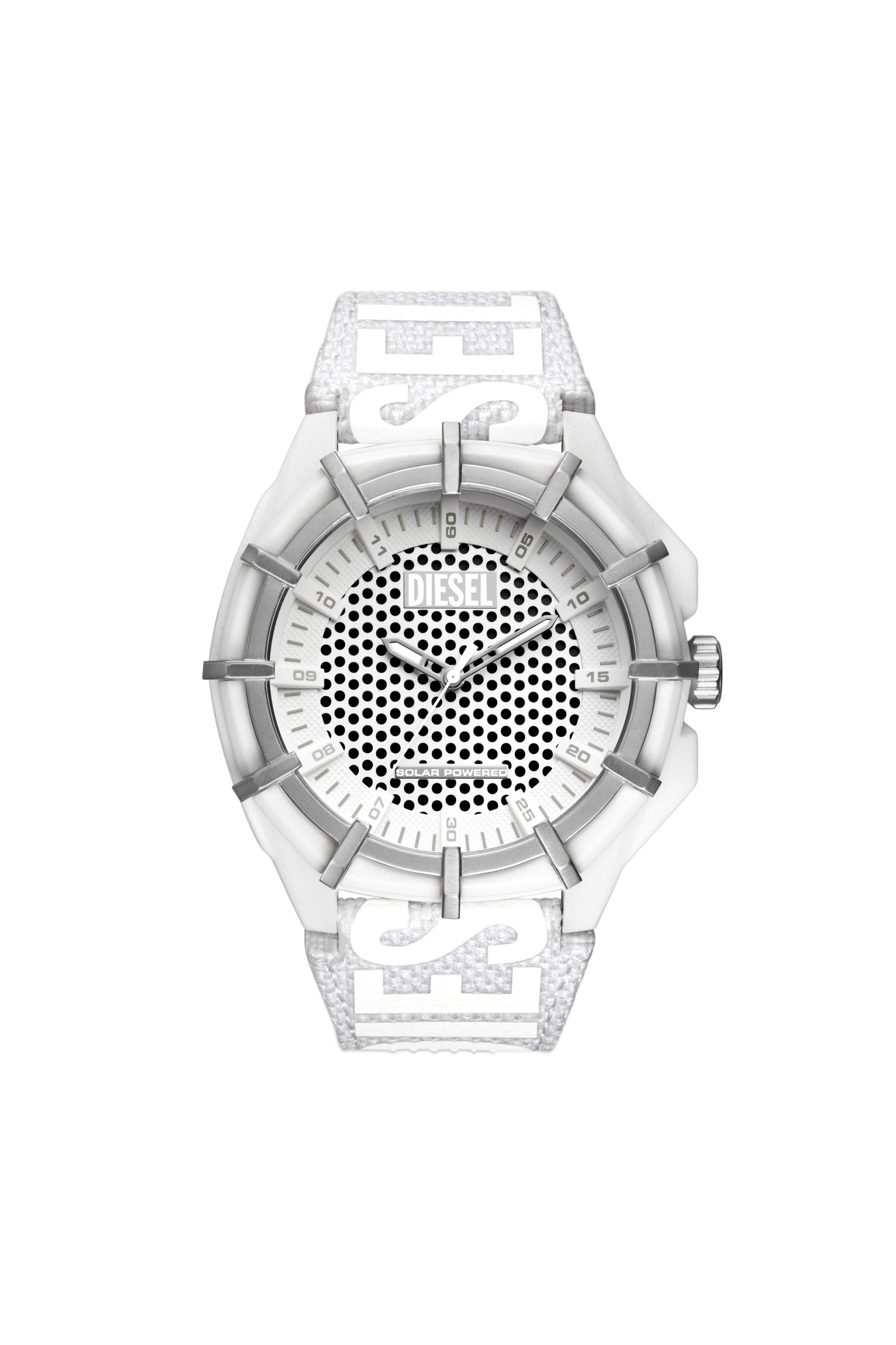 Diesel Framed Solar White Textile Watch In Metallic