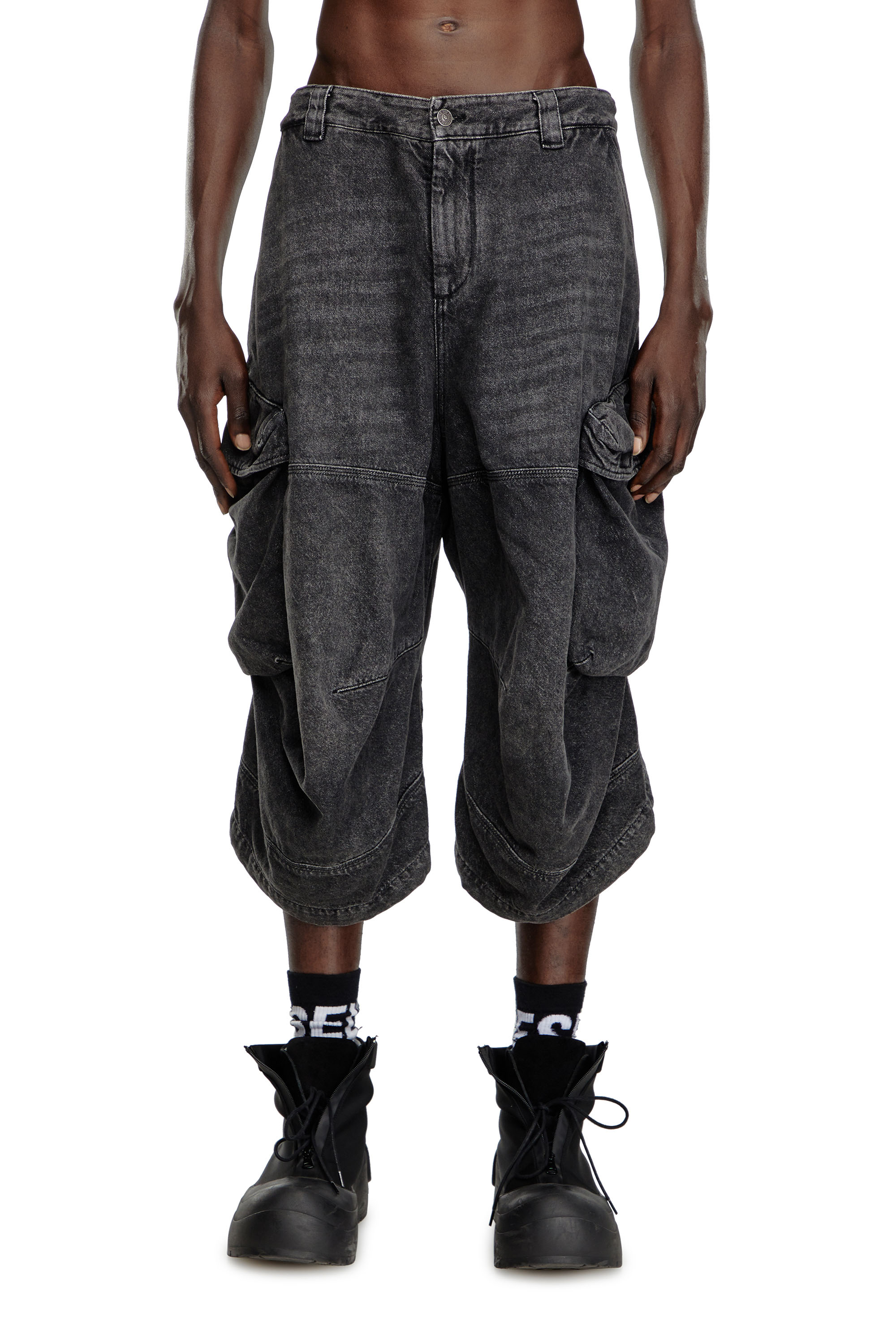 Shop Diesel Long Shorts In Denim With Cargo Pockets In Black