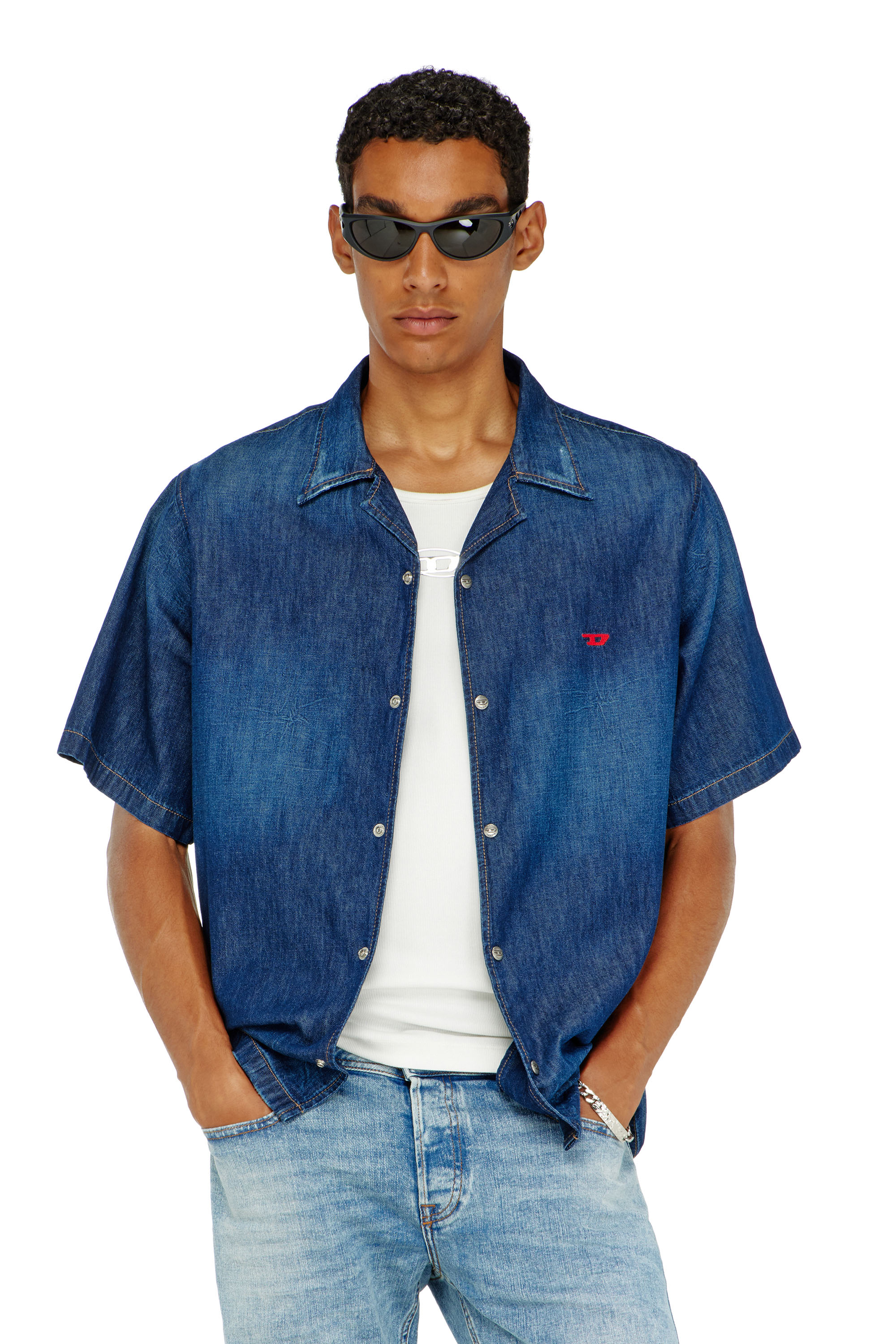 Diesel Mannelijk Blauw - Denim Short-Sleeve Shirt - Denim Shirts - Man Groot