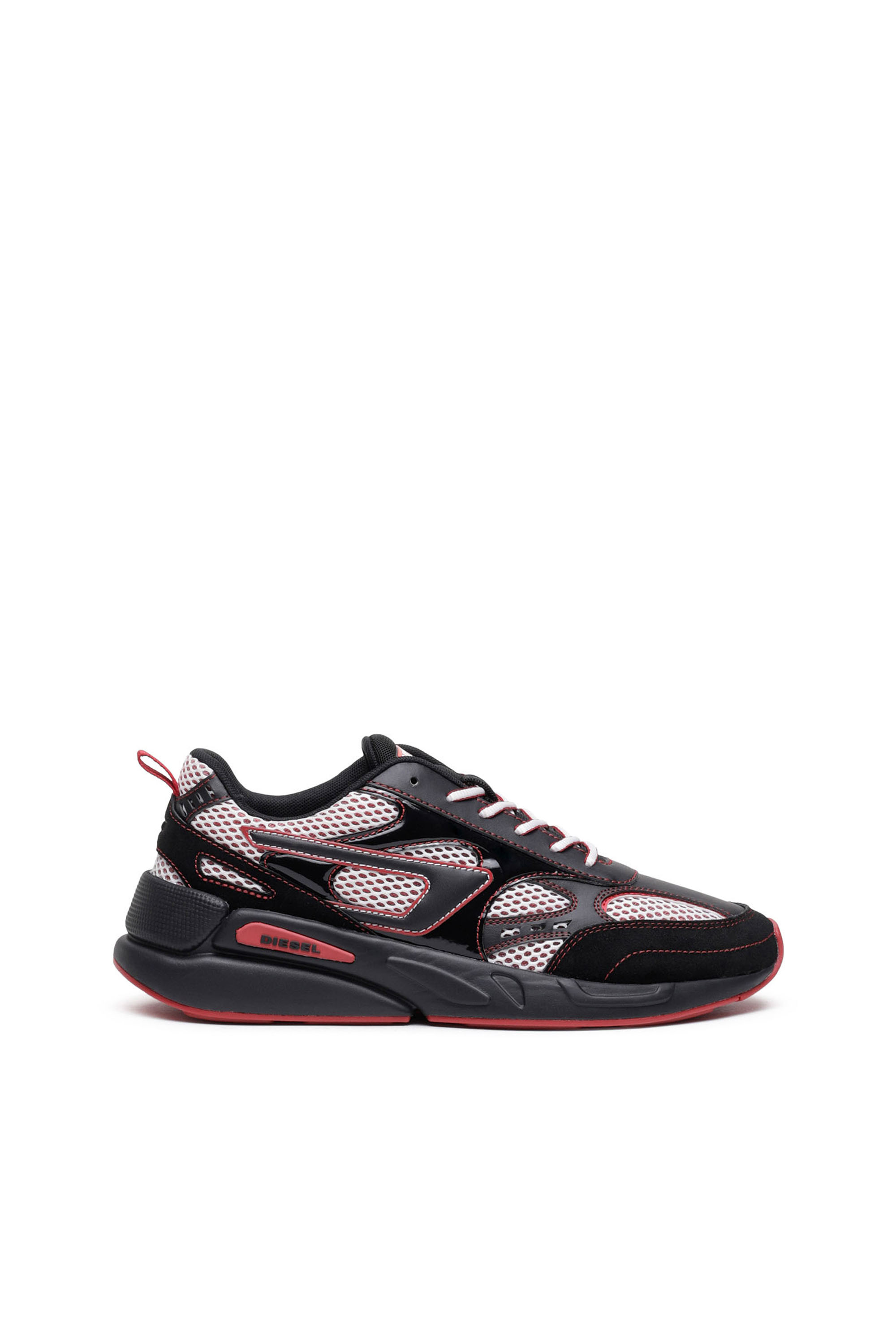 Diesel Mesh And Suede Sneakers With Patent Overlays In Black