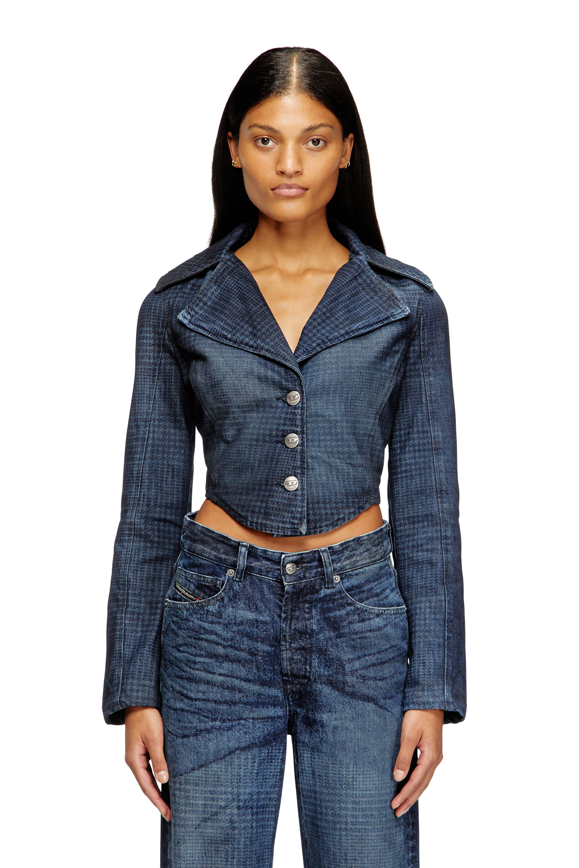 Diesel Blu Donna - Giacca Cropped In Denim Principe Di Galles - Giacche In Denim Extra Piccolo