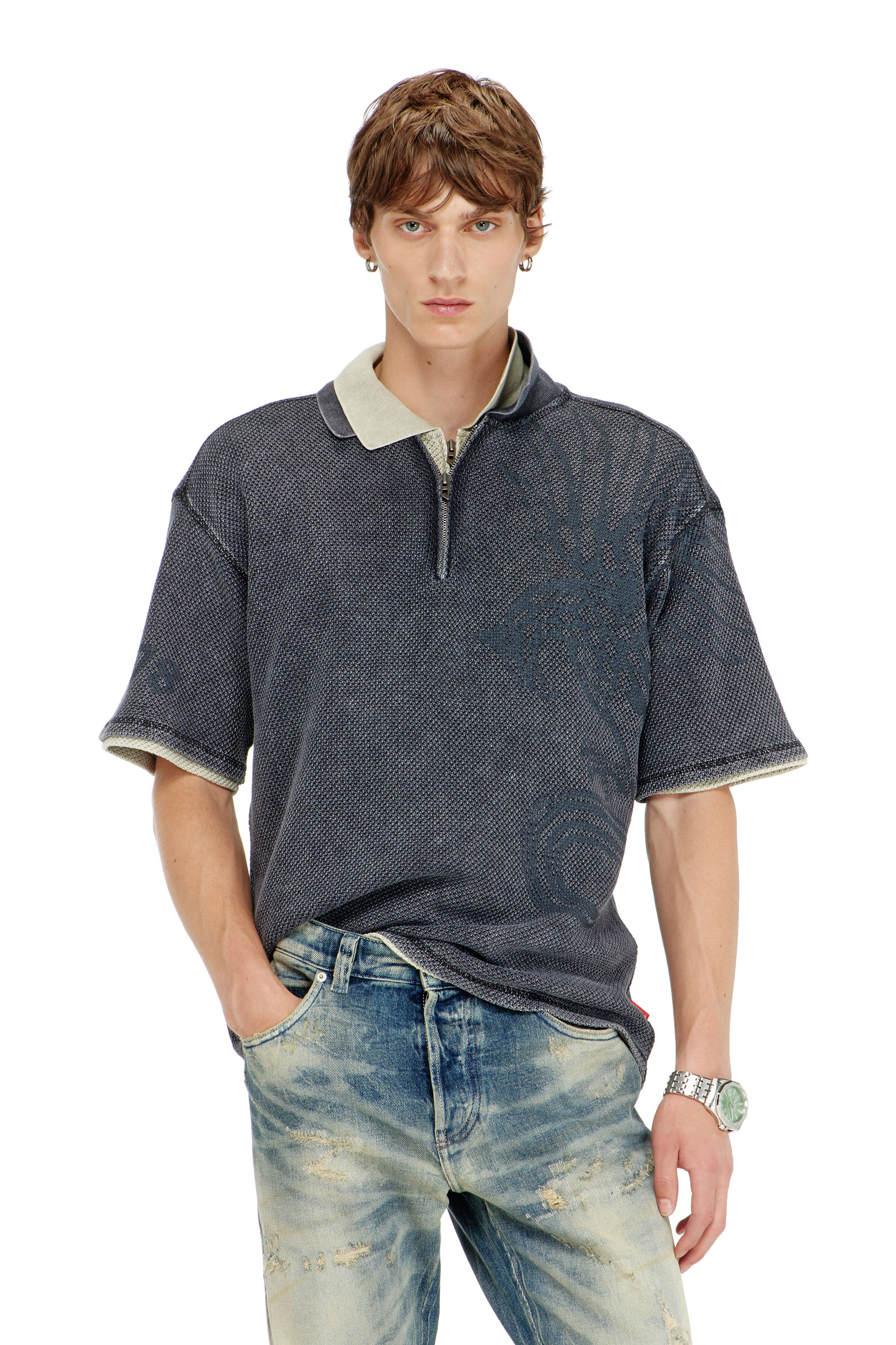 Diesel - Mesh-jacquard polo shirt with Phoenix print - Polos - Man - Grey
