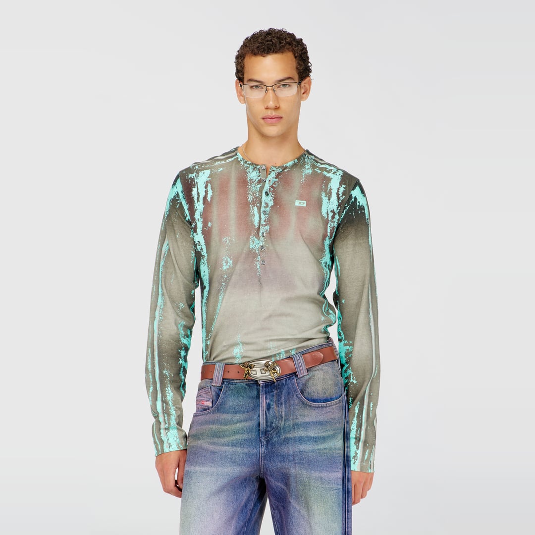 Diesel - Grandad T-shirt in cracked leather-effect jersey - T-Shirts - Man - Multicolor